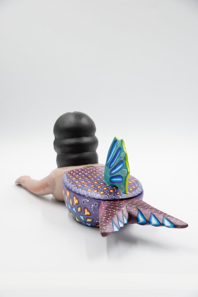 Contemporary Mexican Folk Art Woodcarving Alebrije Mermaid Fish Colorful Traditional Jewe Box
