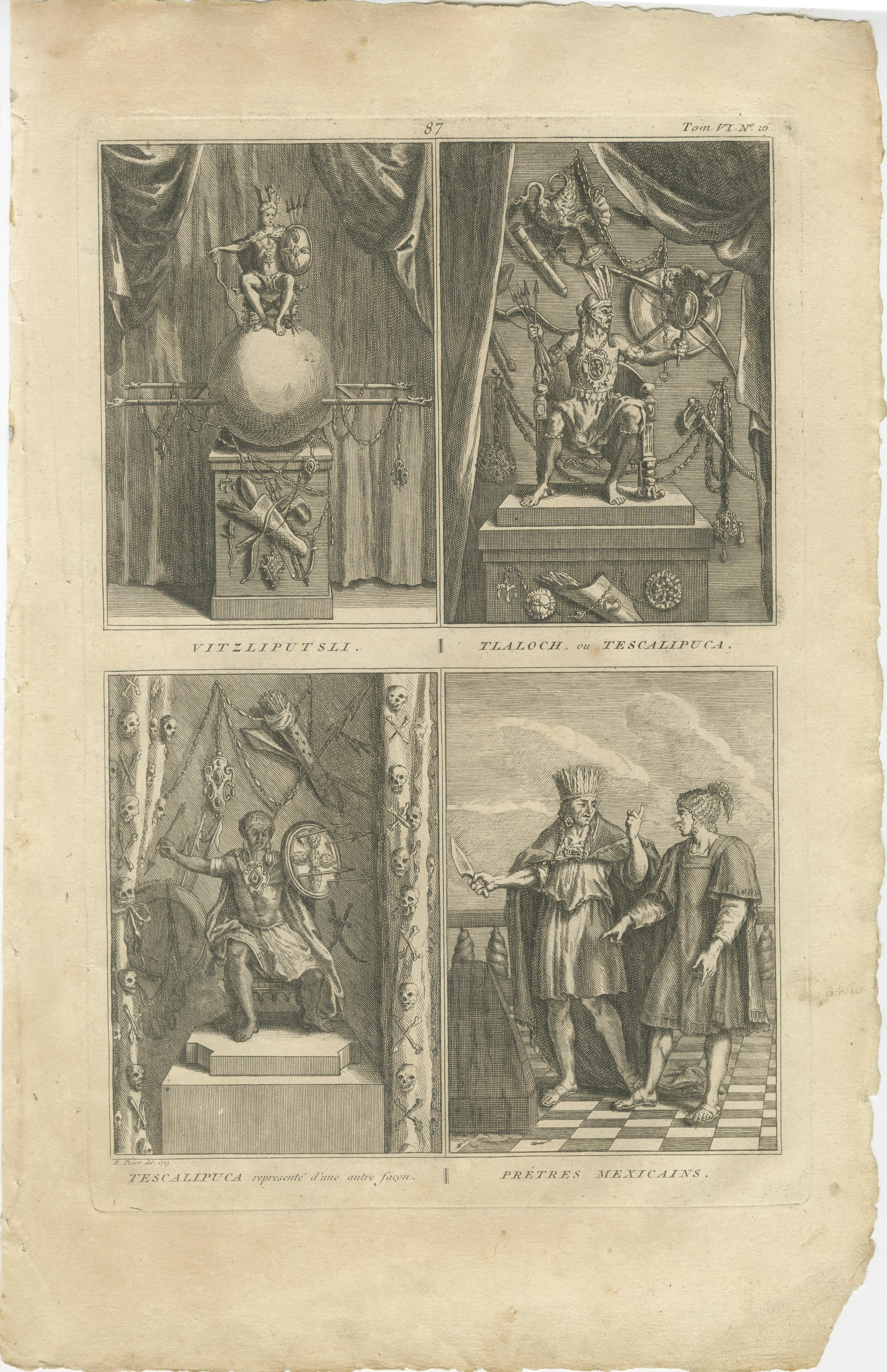 Dieux et prêtres mexicains - Gravure de 1734 représentant des divinités aztèques et des rituels religieux en vente 4