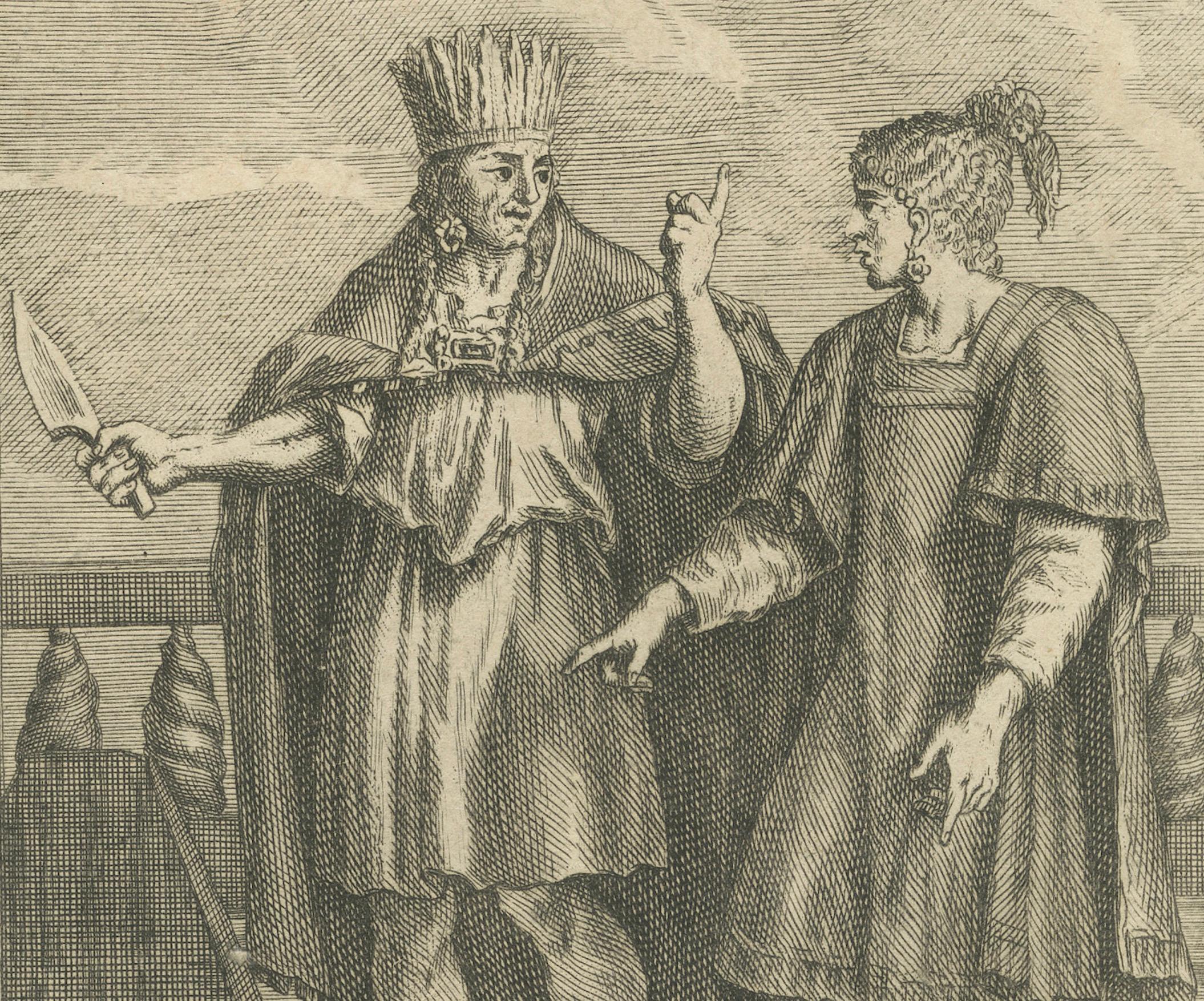 Gravé Dieux et prêtres mexicains - Gravure de 1734 représentant des divinités aztèques et des rituels religieux en vente