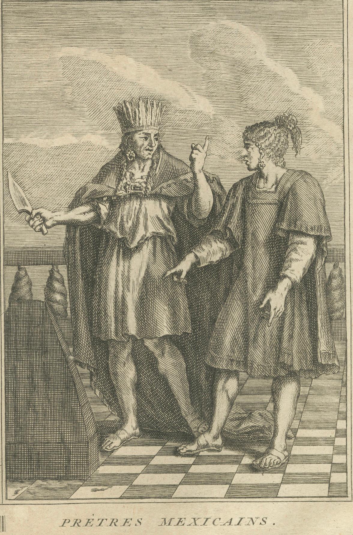 Papier Dieux et prêtres mexicains - Gravure de 1734 représentant des divinités aztèques et des rituels religieux en vente
