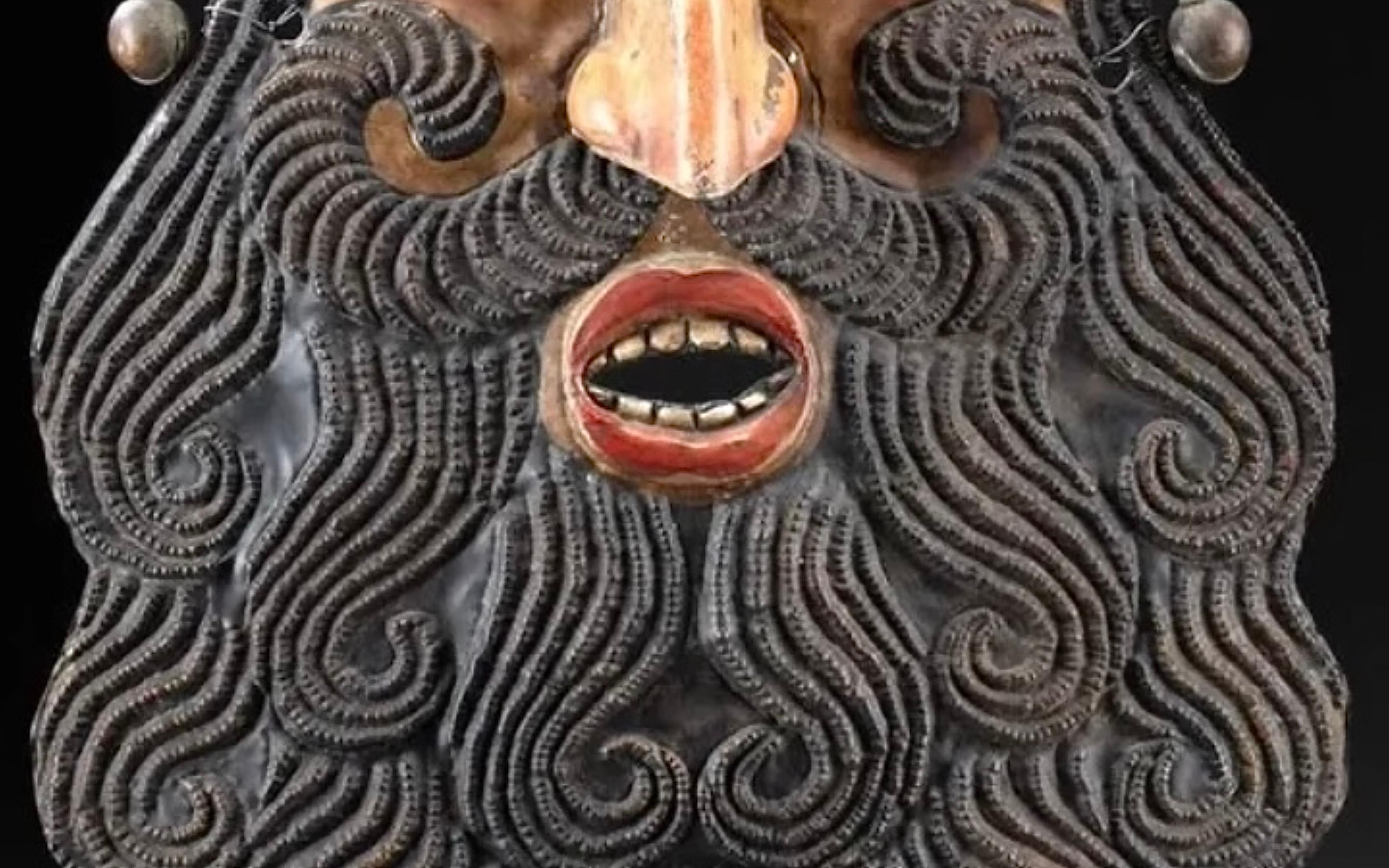 Repoussé Mexican Guerrero Painted Copper Barbone Mask For Sale