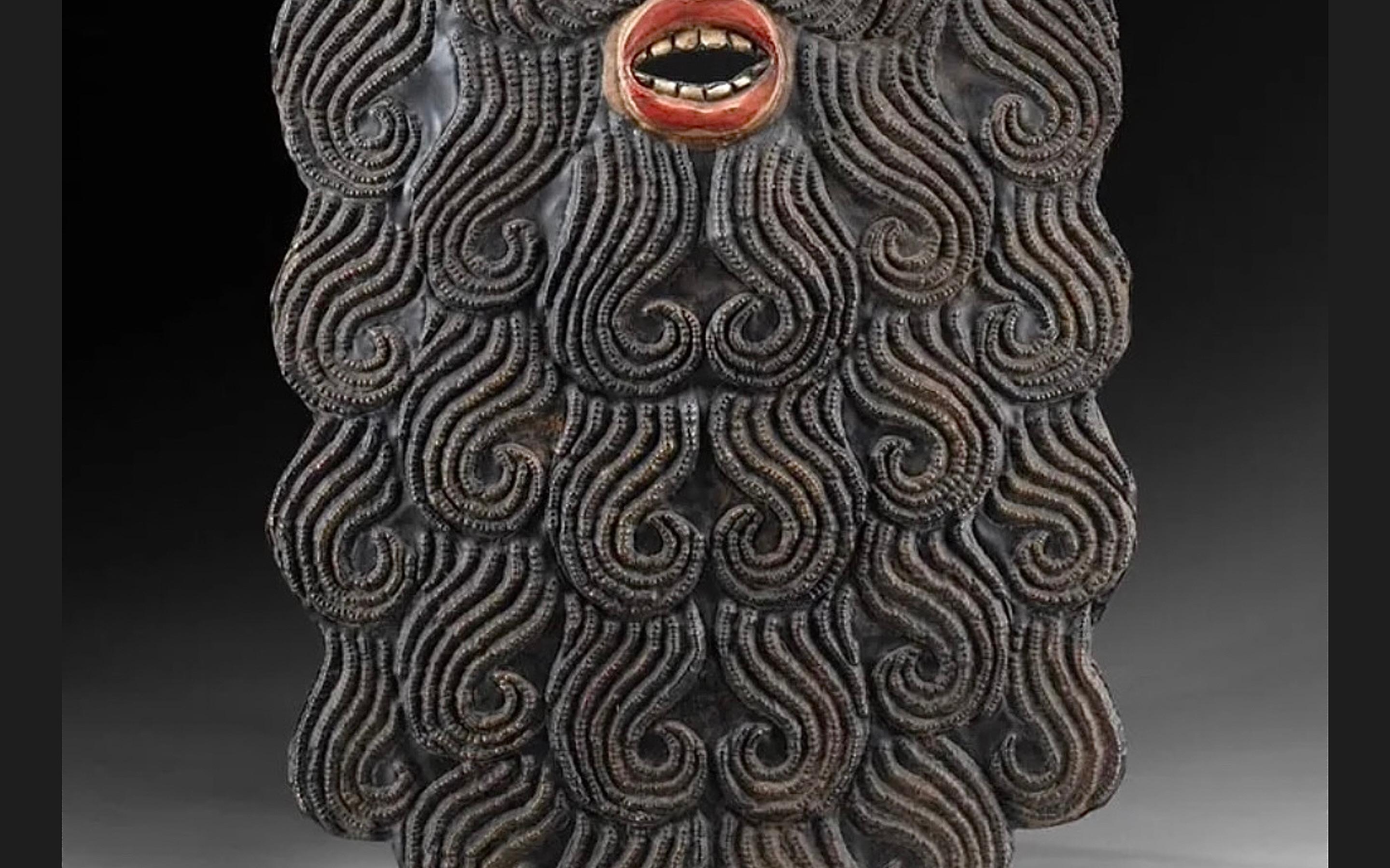 Mexican Guerrero Painted Copper Barbone Mask In Good Condition For Sale In San Francisco, CA