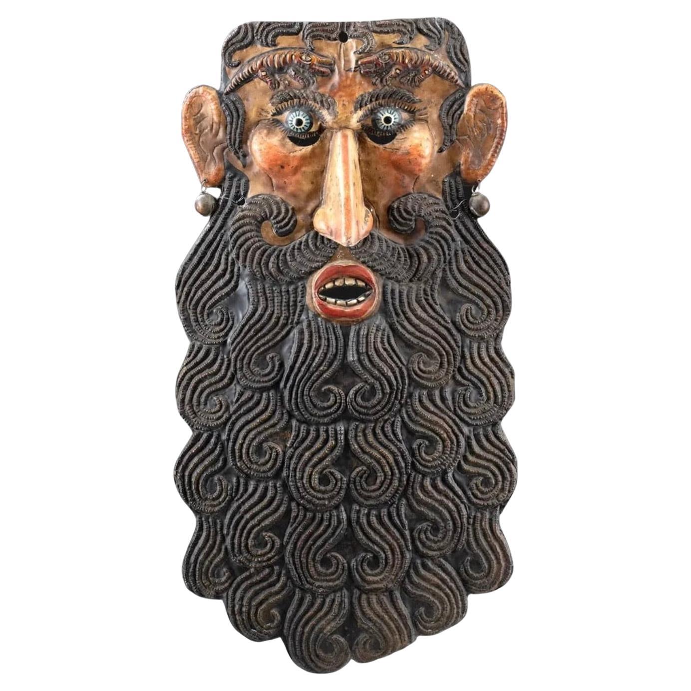 Mexican Guerrero Painted Copper Barbone Mask For Sale