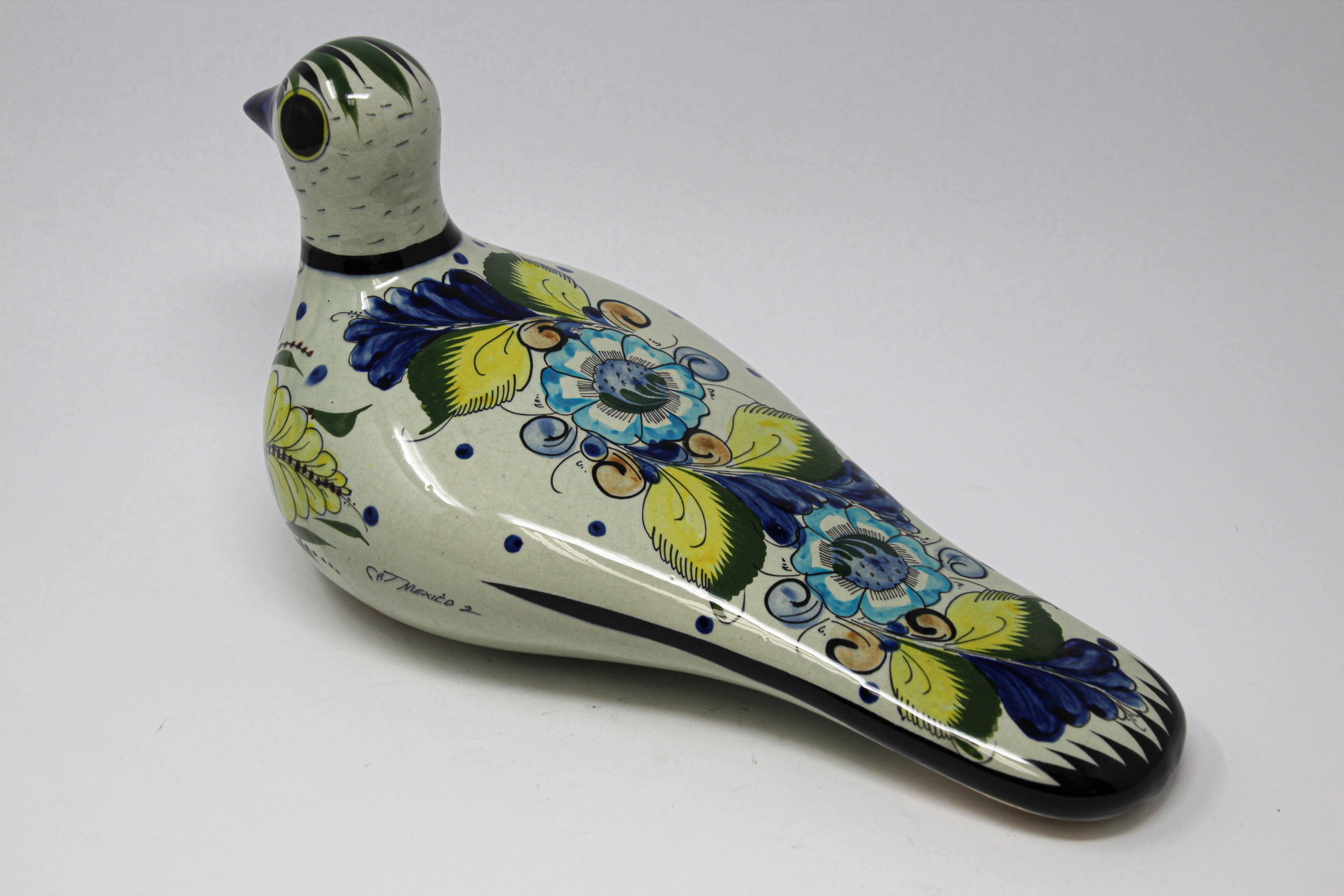 Hand-Crafted Tonala Folk Art Bird Mexican Hand Painted Colorful Pottery 1960s For Sale