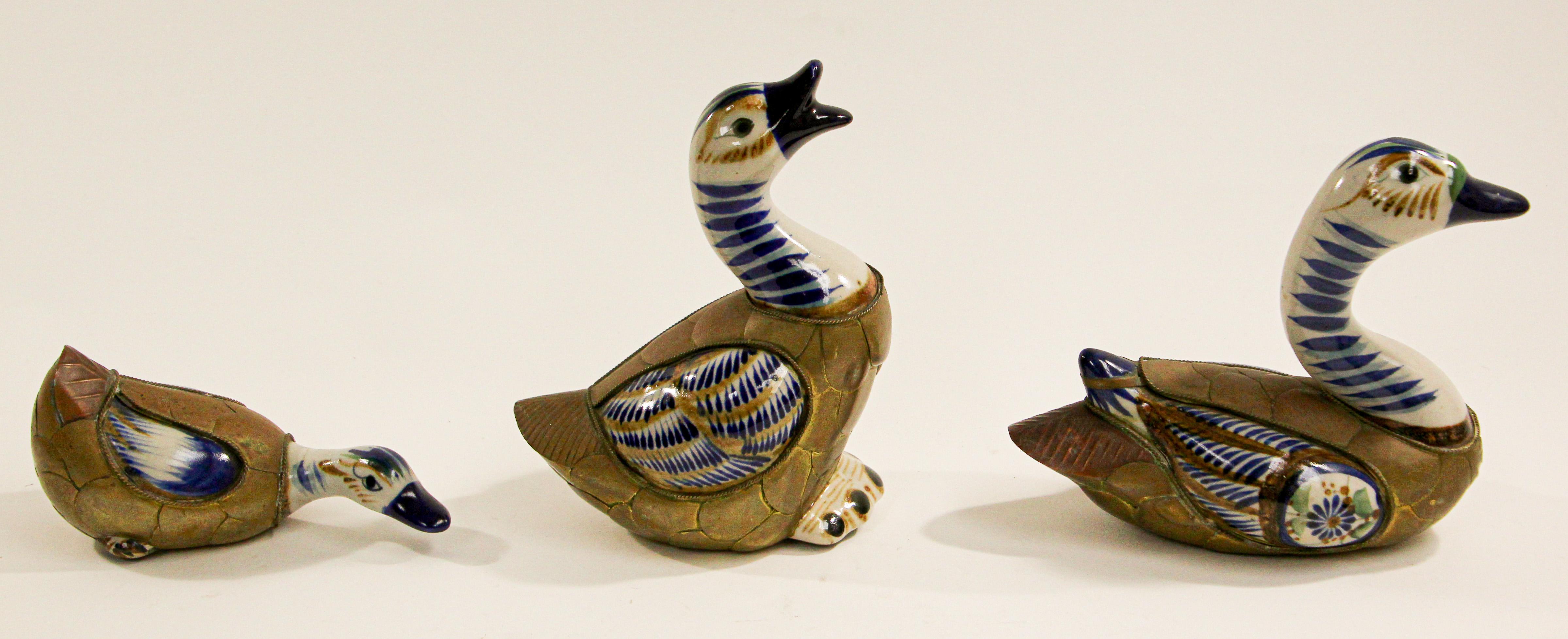 20th Century Mexican Hand Painted Colorful Tonala Pottery Ducks Set of Three For Sale