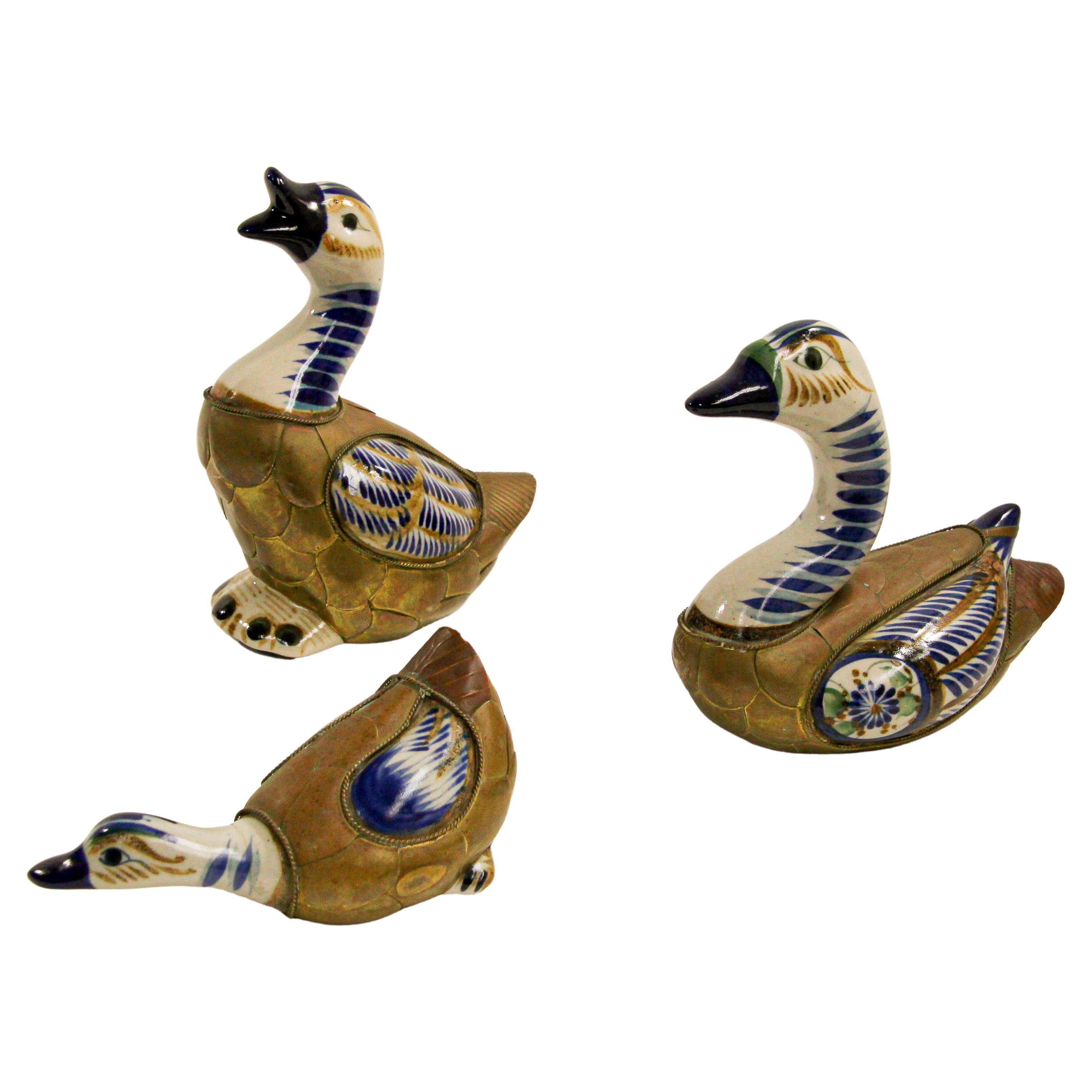 Mexican Hand Painted Colorful Tonala Pottery Ducks Set of Three For Sale