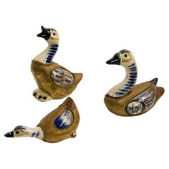 Vintage Mexican Hand Painted Colorful Tonala Pottery Ducks Set of Three