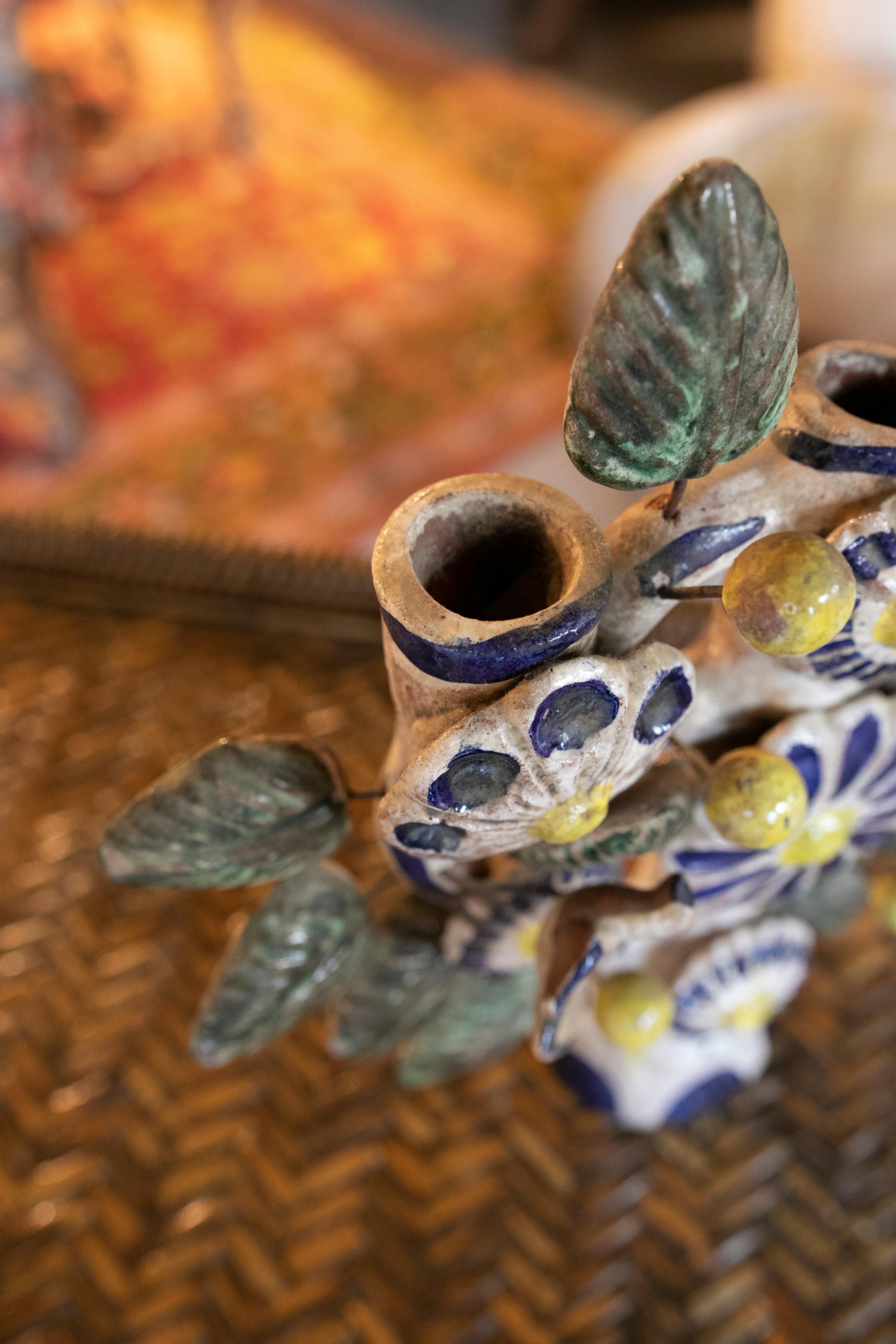 Mexican Hand-Painted  Glazed Ceramic Candlestick with Flower Decoration  In Good Condition In Marbella, ES