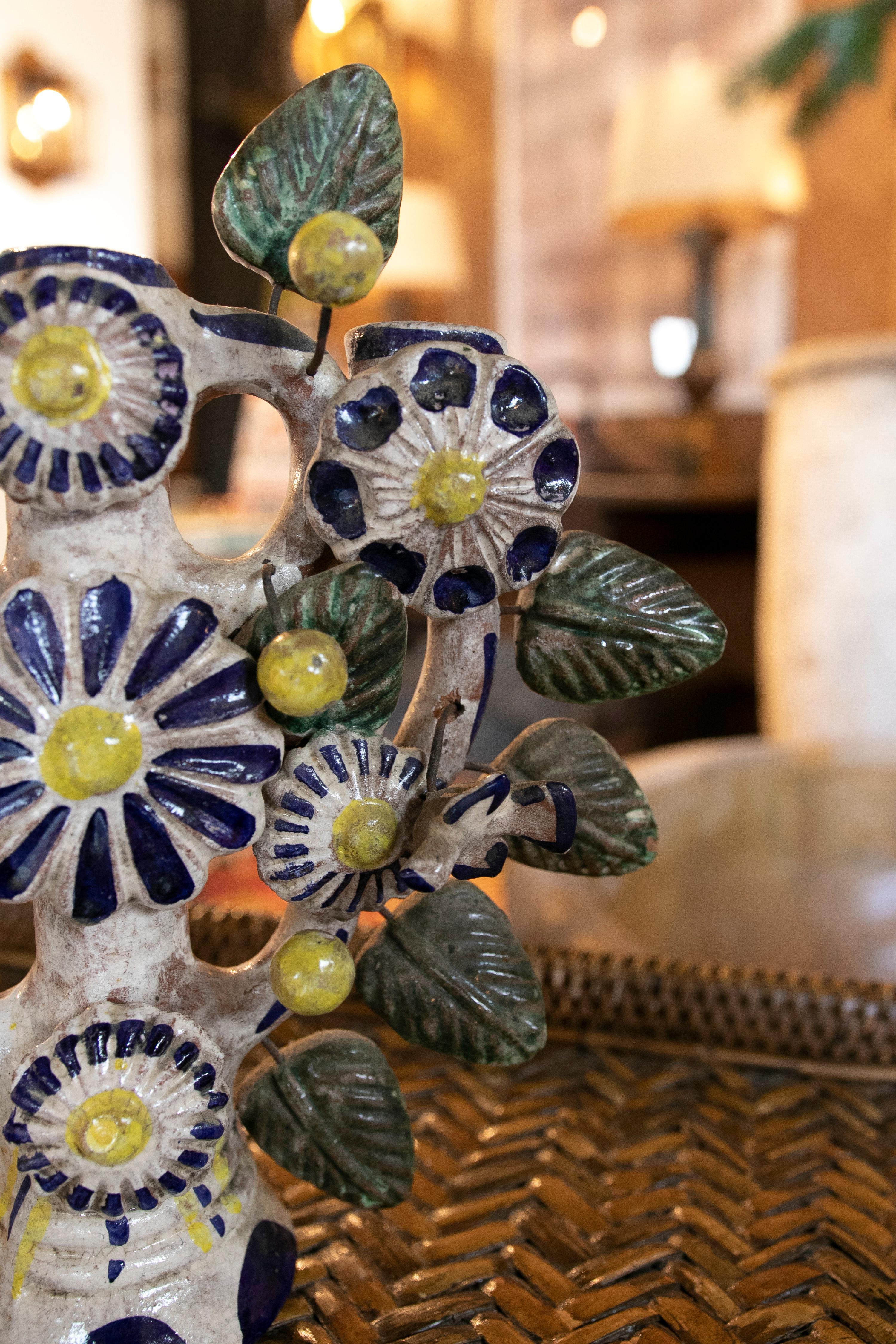 Mexican Hand-Painted  Glazed Ceramic Candlestick with Flower Decoration  For Sale 2