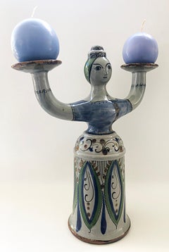 Mexican Hand-Painted Tonala Pottery 2-Arm Candelabra, Signed