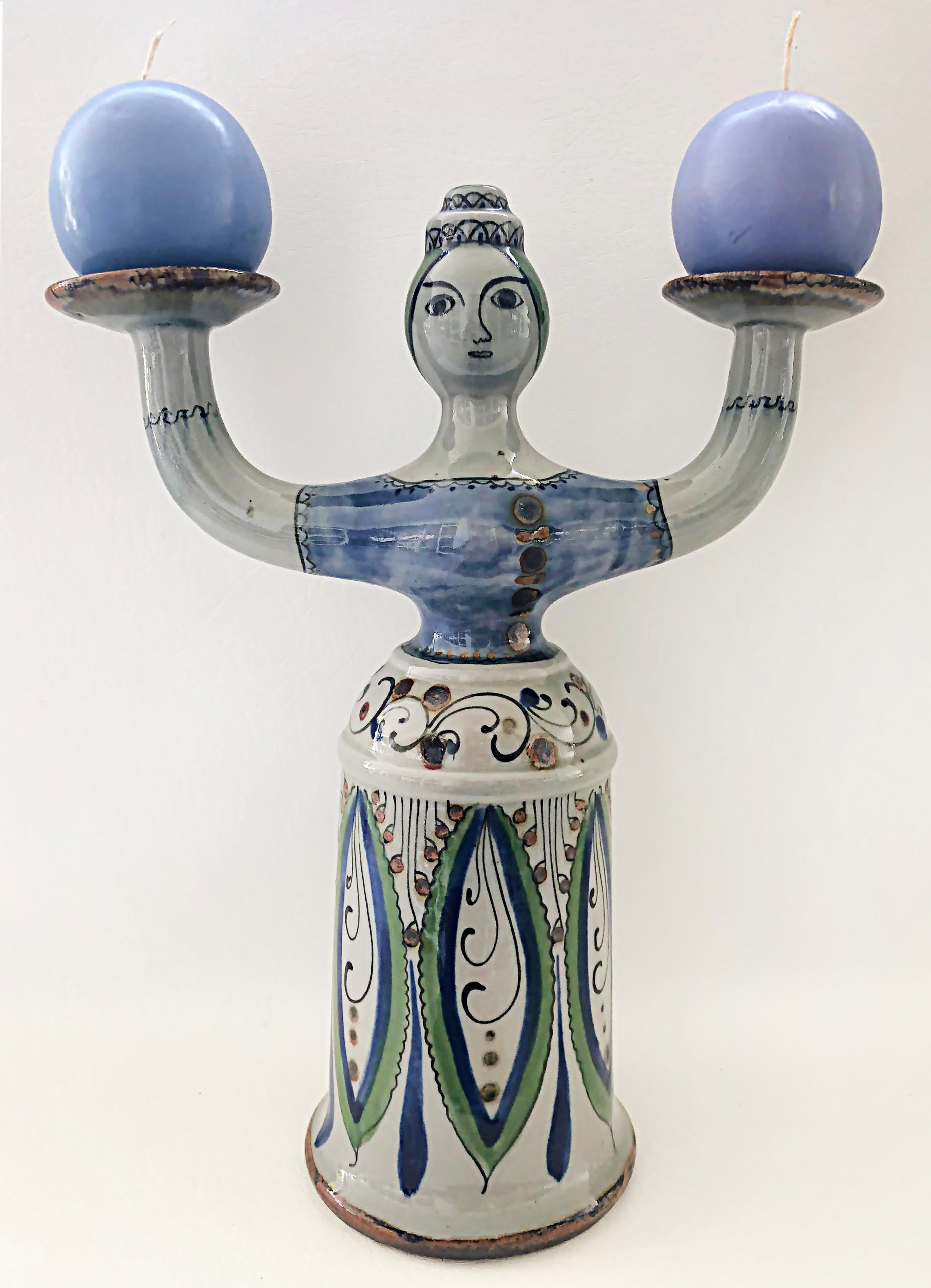 Mexican Hand-Painted Tonala Pottery 2-Arm Candelabra, Signed In Good Condition For Sale In Miami, FL