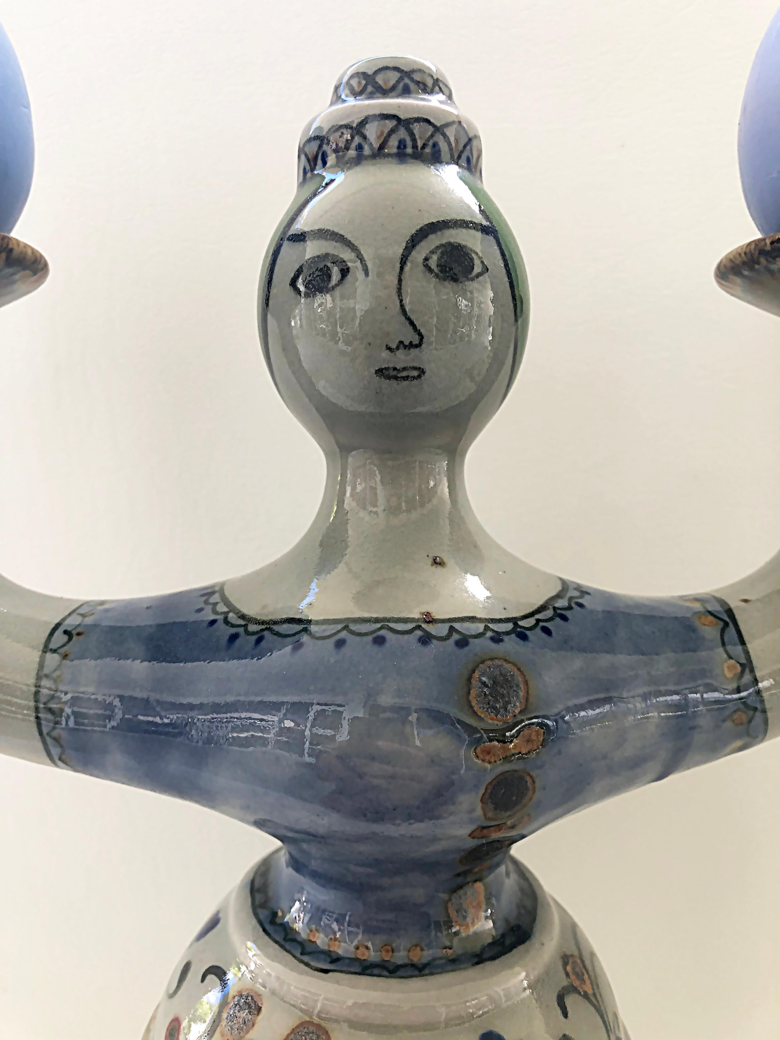 Mexikanische handbemalte 2-Arm-Kandelaber aus Tonala-Keramik, signiert im Angebot 3