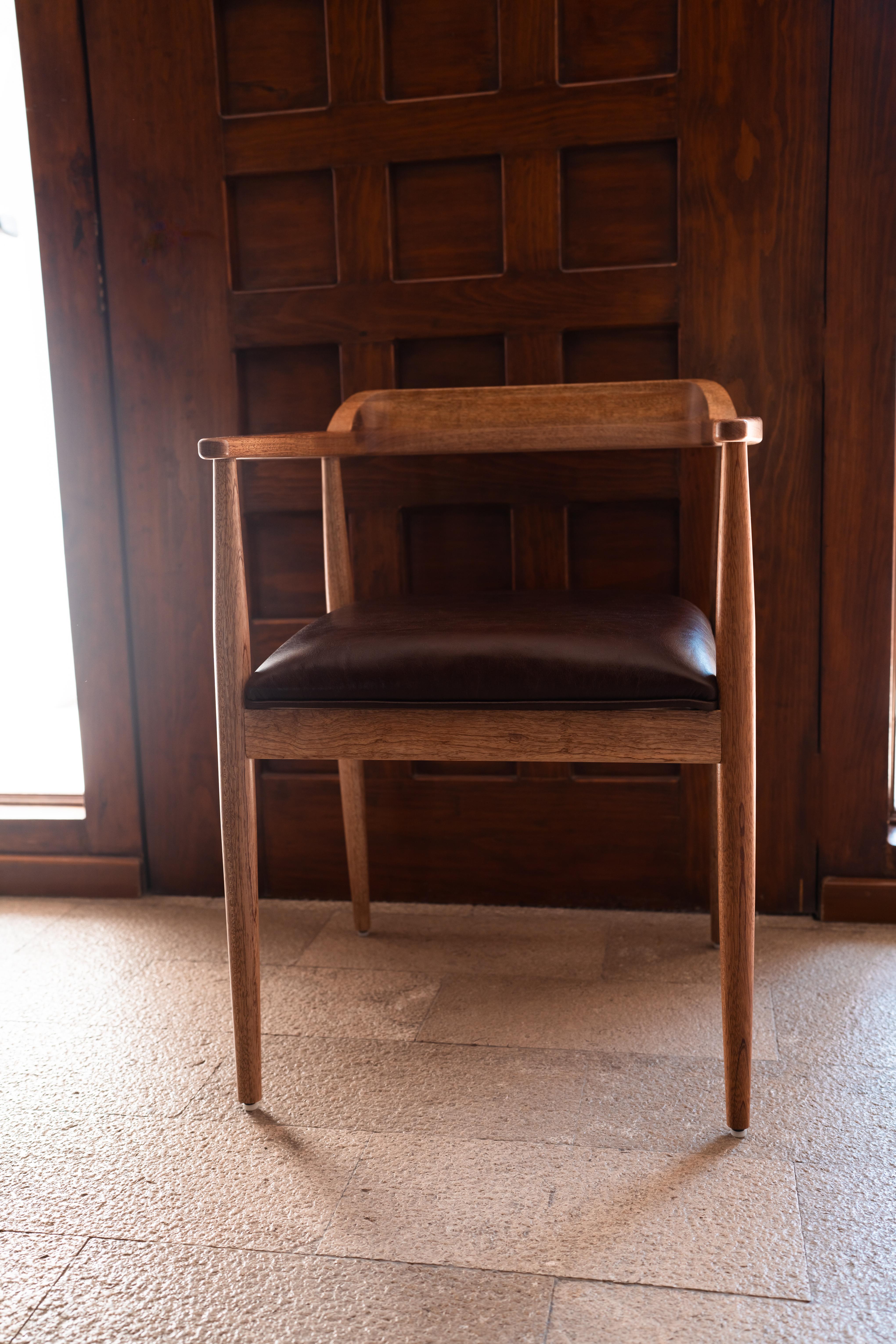 Leather Mexican Handcrafted Tzalam Wood Armchair Design and Ancestral Craftsmanship For Sale