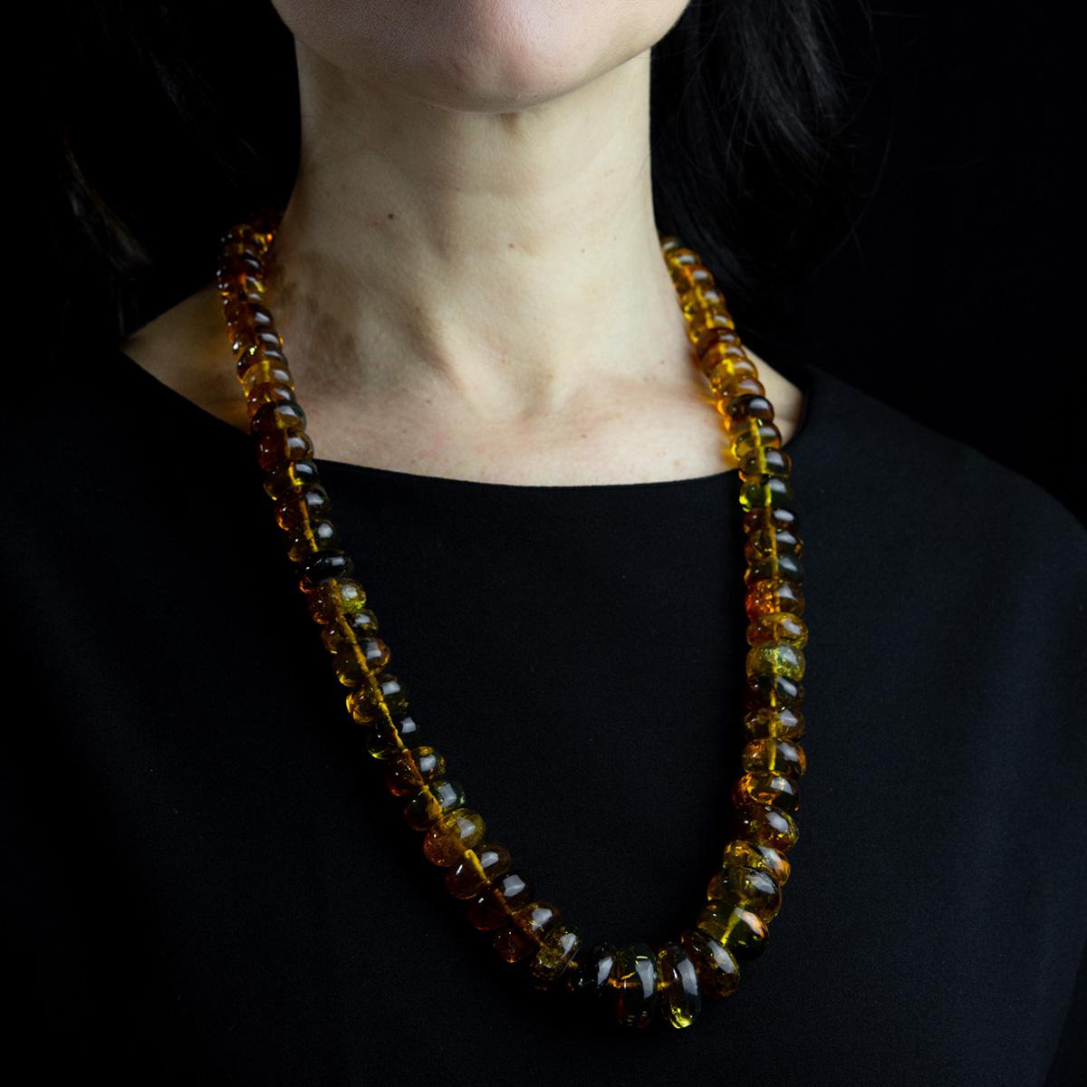 Fascinating handmade Mexican amber necklace with bronze clasp. The name amber derives from the Arabic 