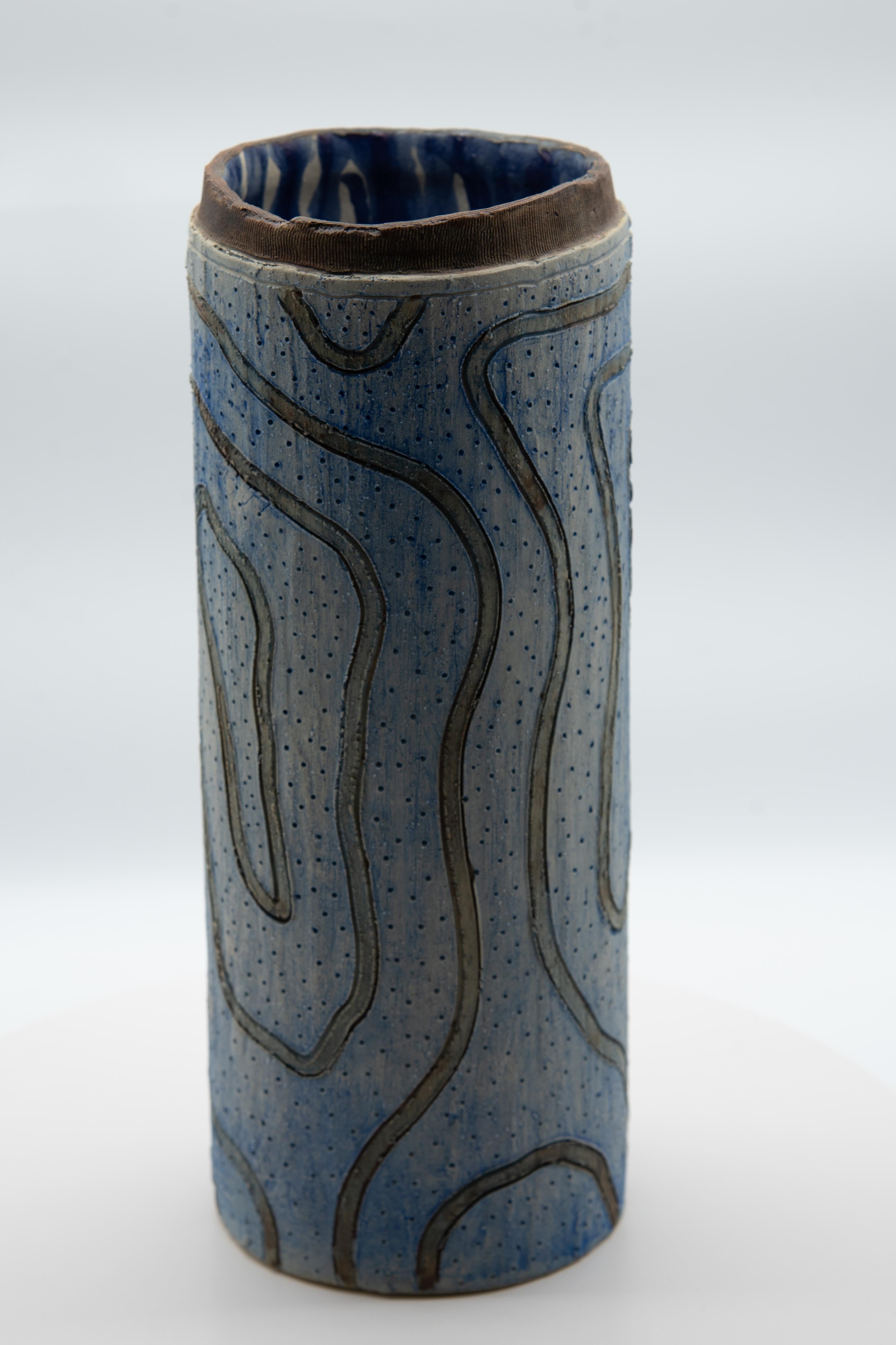 Mexican Handmade Mezcal Vase Clay Blue Lines Ceramic Organic Modern Ornament  For Sale 1