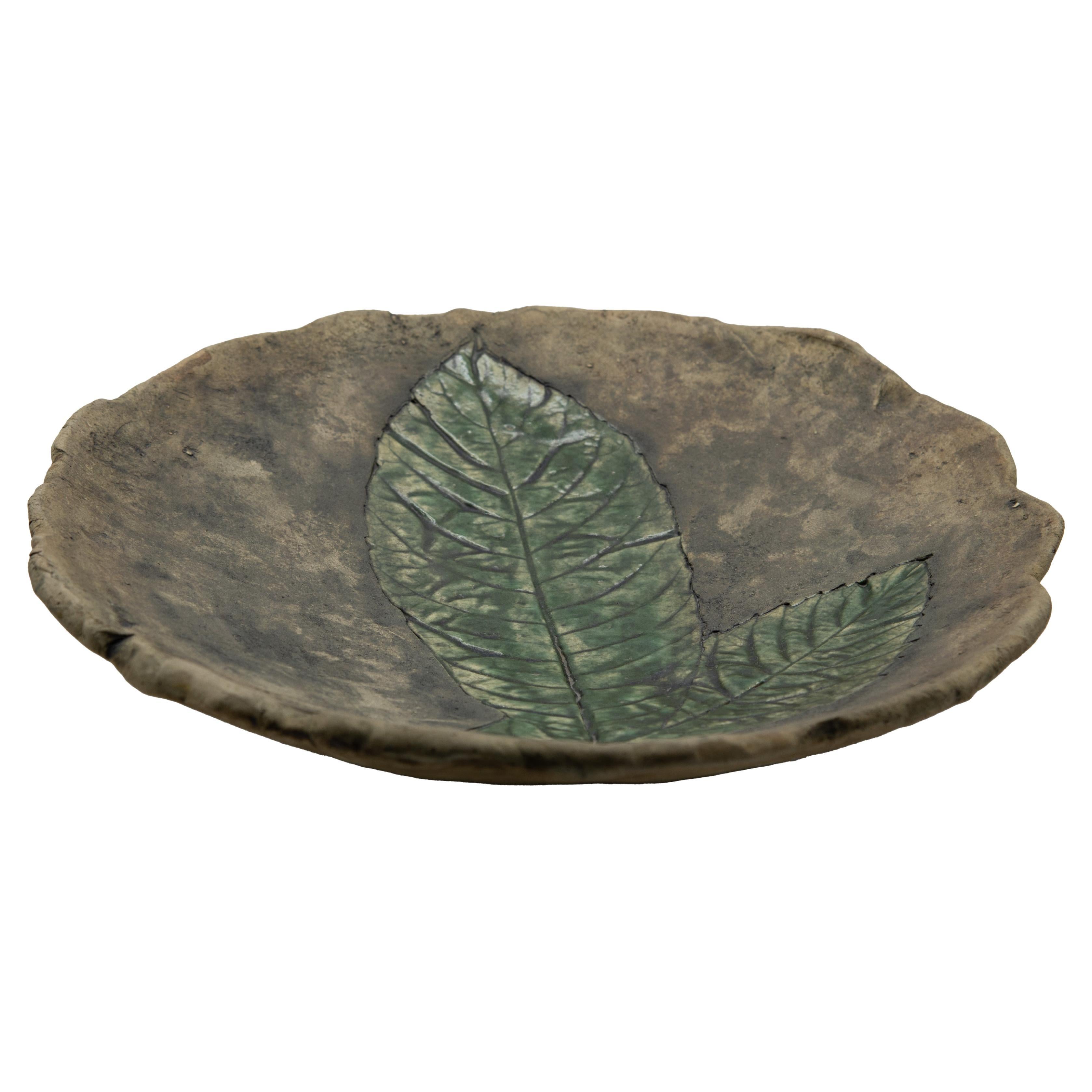 Mexican Handmade Plate Bowl Organic Modern Earth-Like Traditional Leaf Print For Sale