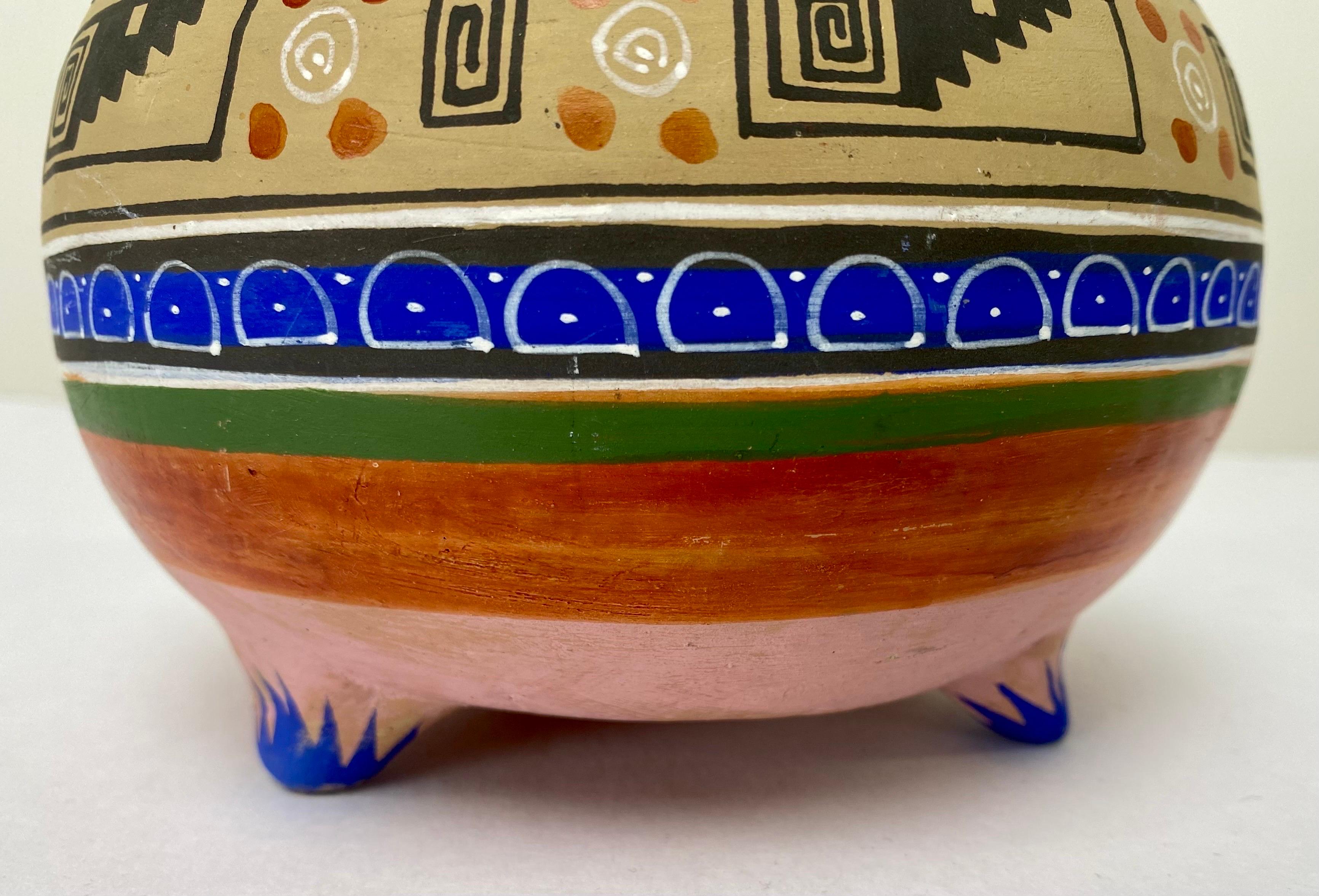 Tribal Mexican Handmade Pottery Multicolor Three -Legged Vase  For Sale