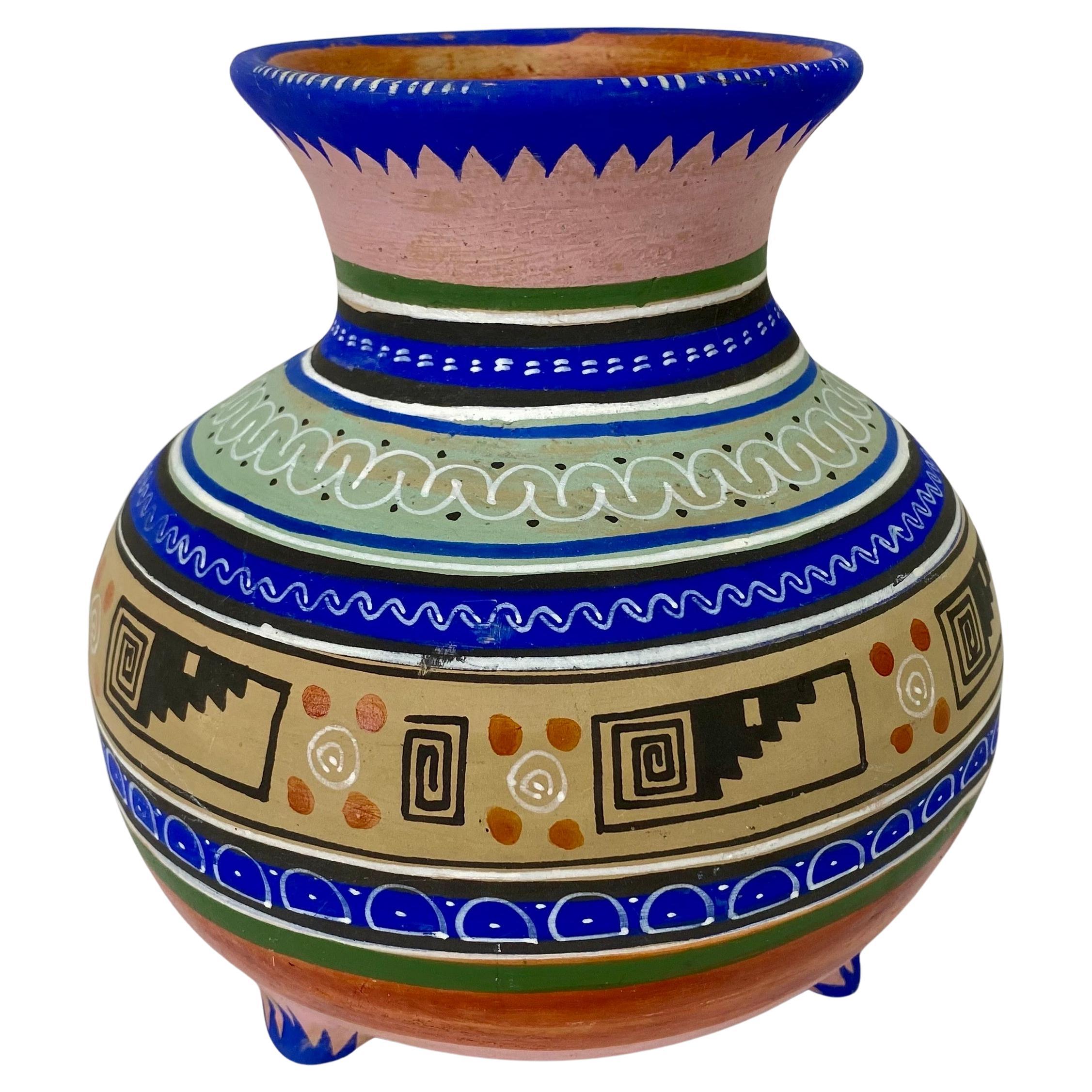 Mexican Handmade Pottery Multicolor Three -Legged Vase  For Sale