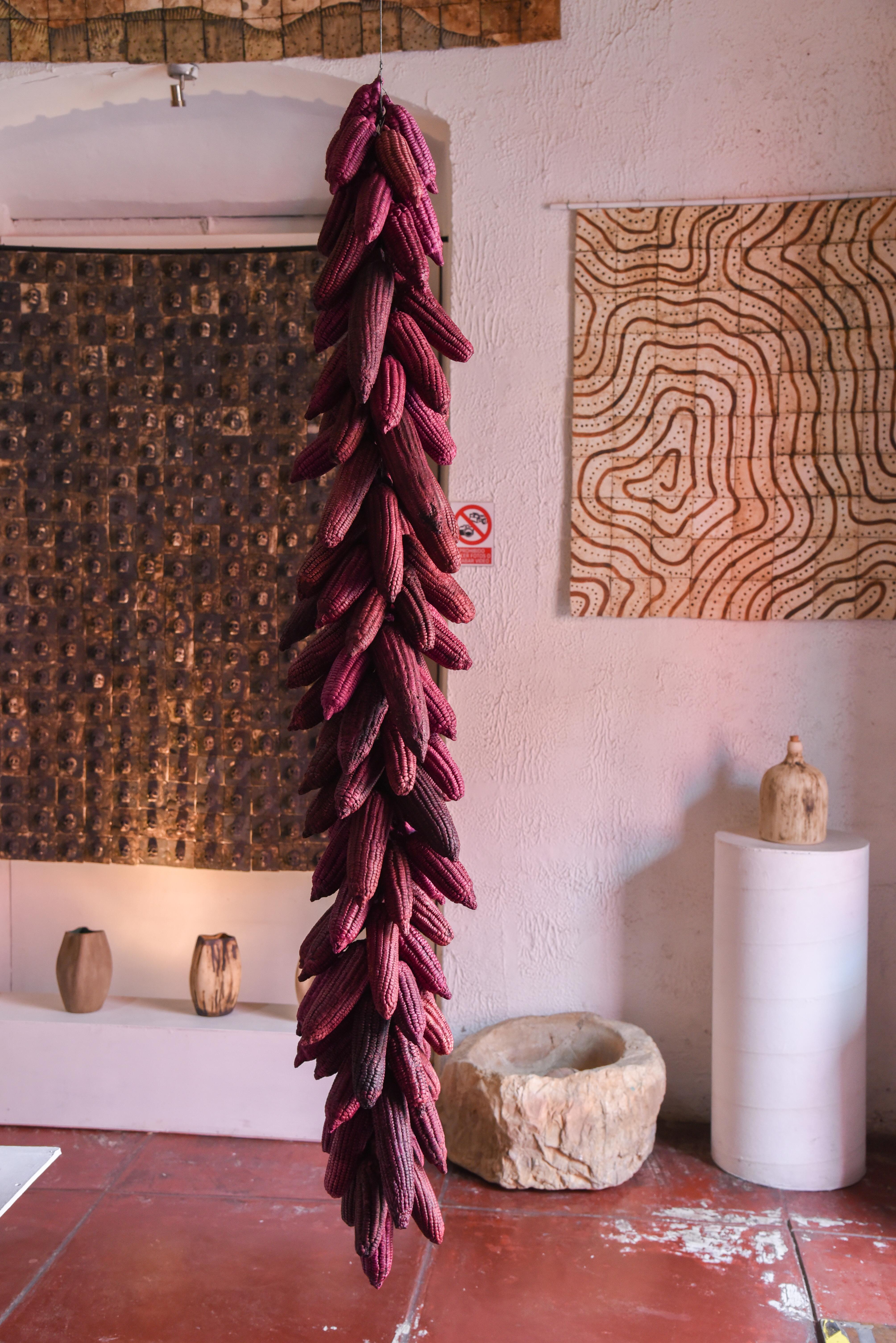 This astonishing 160 cm tall corn assemblage is made up of authentic ceramic corn cob reproductions. These are dyed using grana cochineal ( a scale insect from which the natural dye carmine is derived -- usually growing on cactus plant). The corn