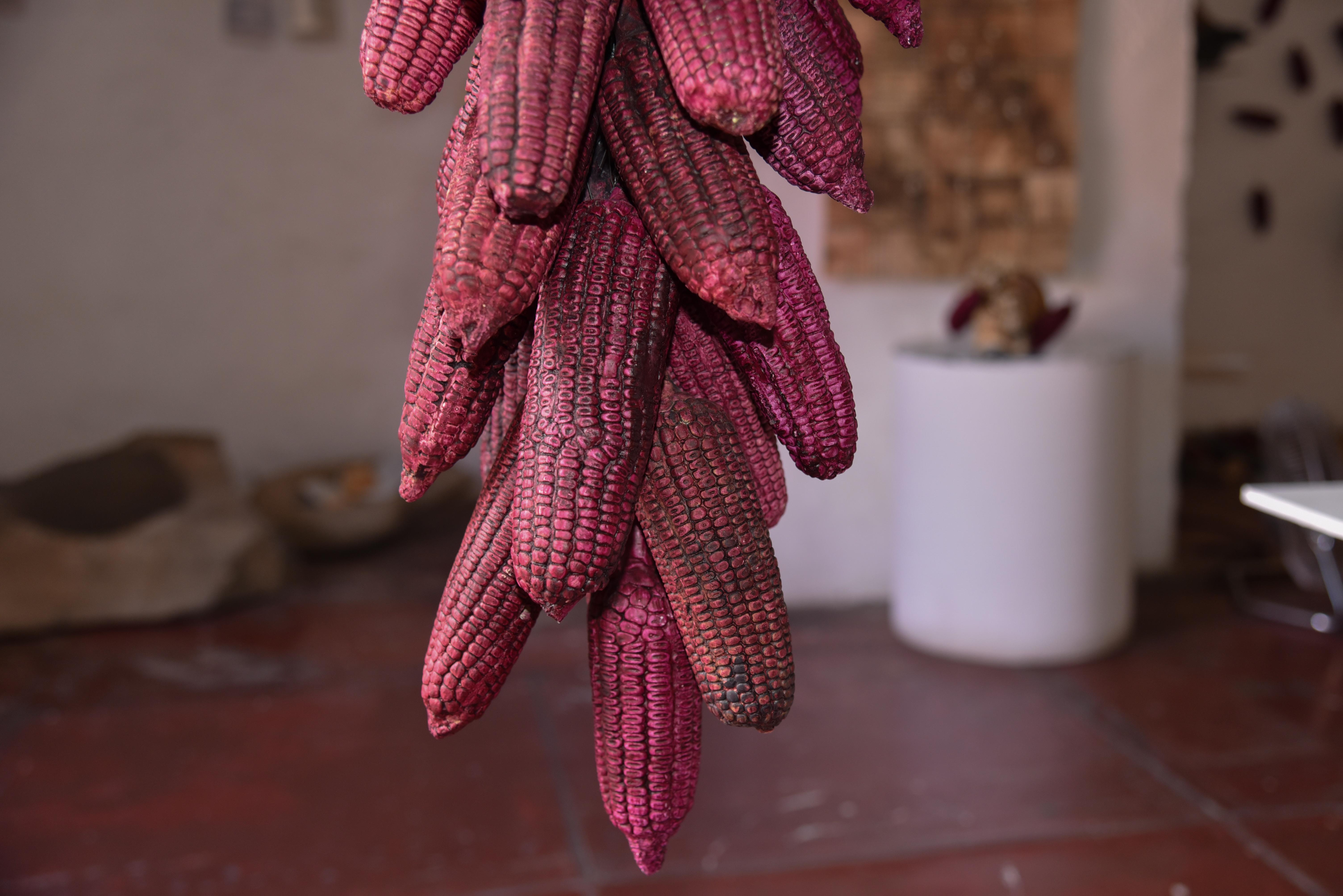 Hand-Crafted Mexican Hanging Ceramic Fucsia Corn Clay Decorative Rustic Piece Contemporary For Sale