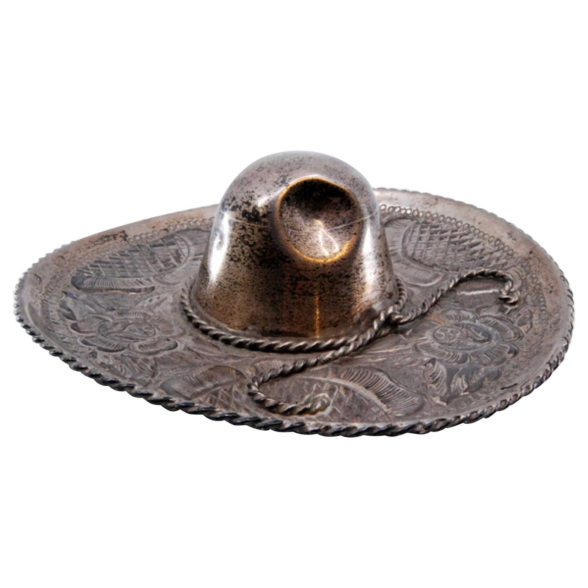 Sombrero mexicano de plata con aplicación de cordón y grabados en relieve