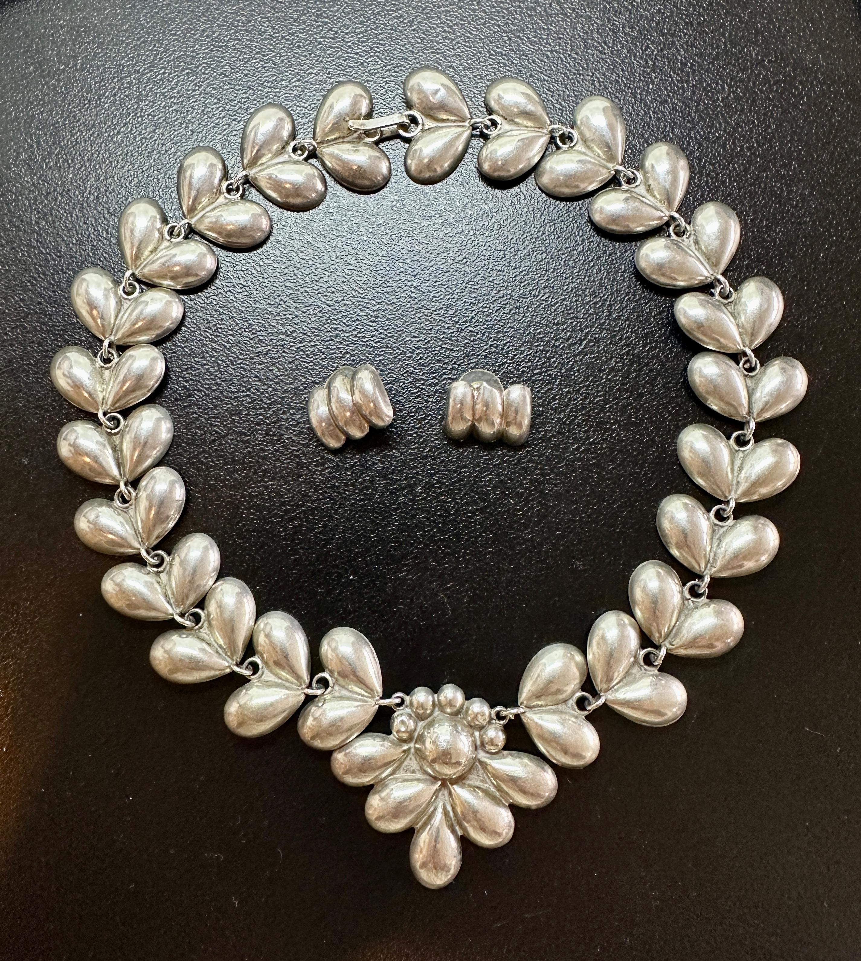 Moderno Collana Cuore Messicano Orecchini Suite Argento Mid Century Antiques in vendita