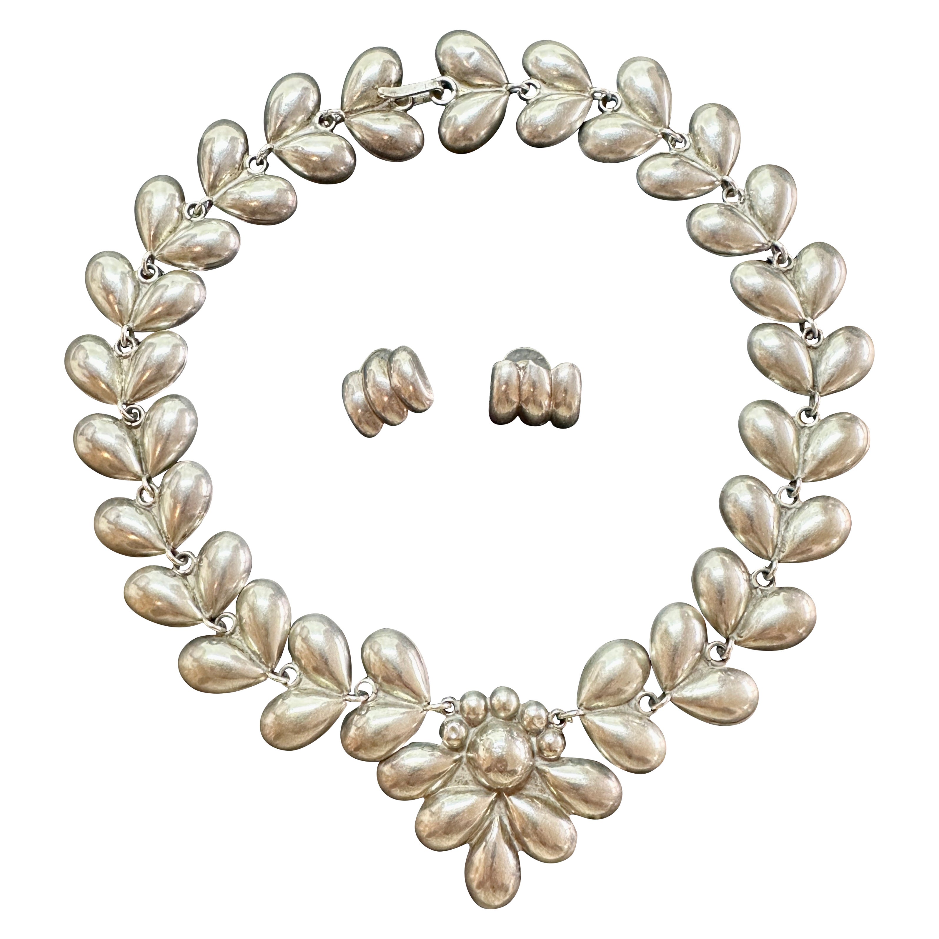 Collana Cuore Messicano Orecchini Suite Argento Mid Century Antiques in vendita