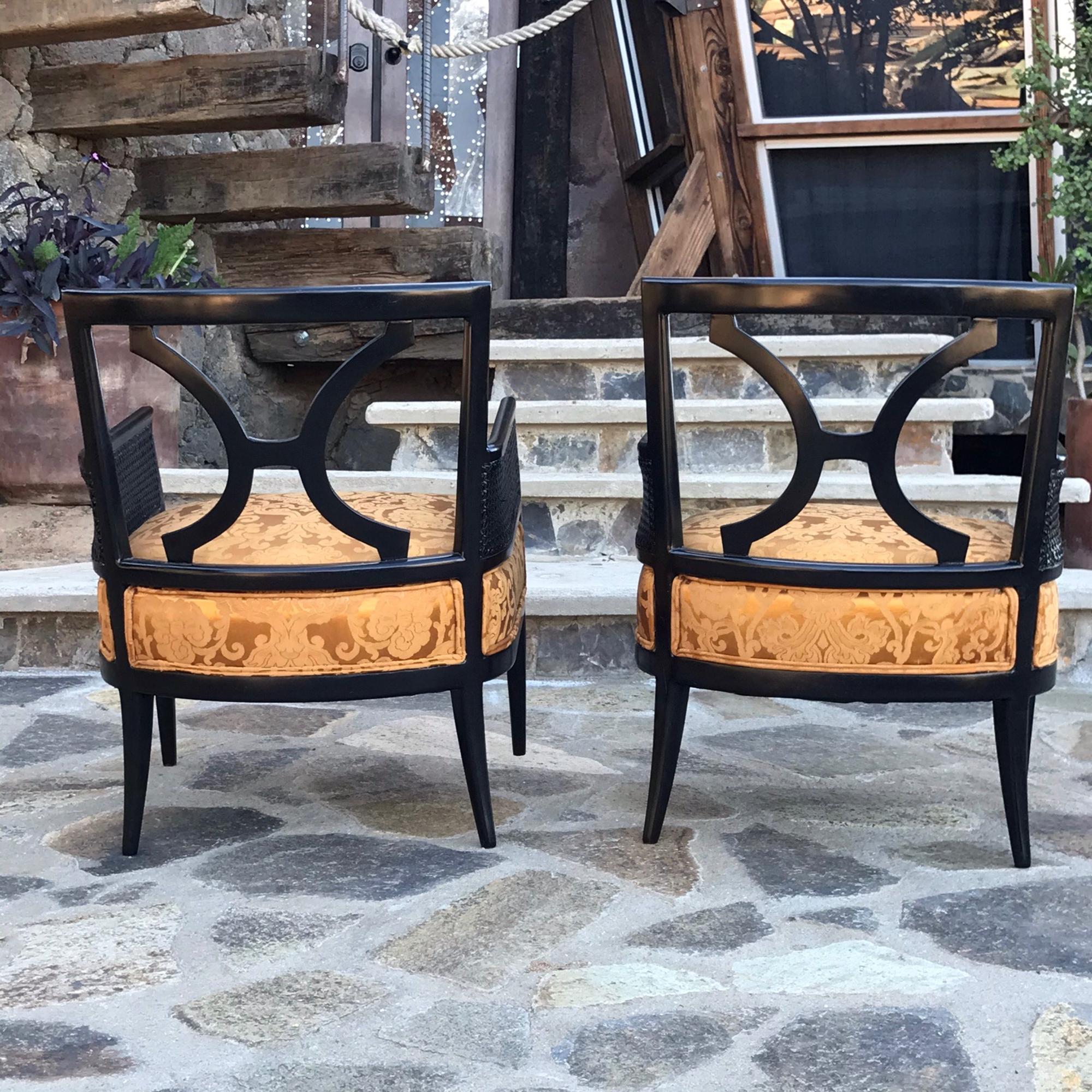 Hollywood Regency  Regency Elegance Studio Arm Chairs in Black Mahogany Cane & Gold Silk Brocade