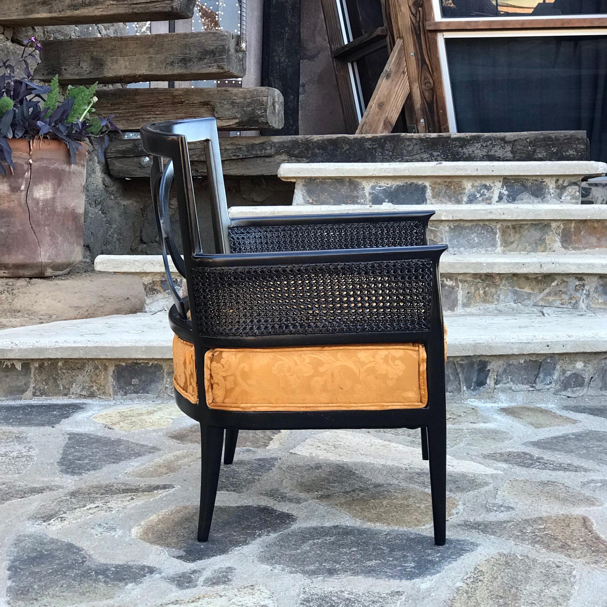  Regency Elegance Studio Arm Chairs in Black Mahogany Cane & Gold Silk Brocade In Good Condition In Chula Vista, CA