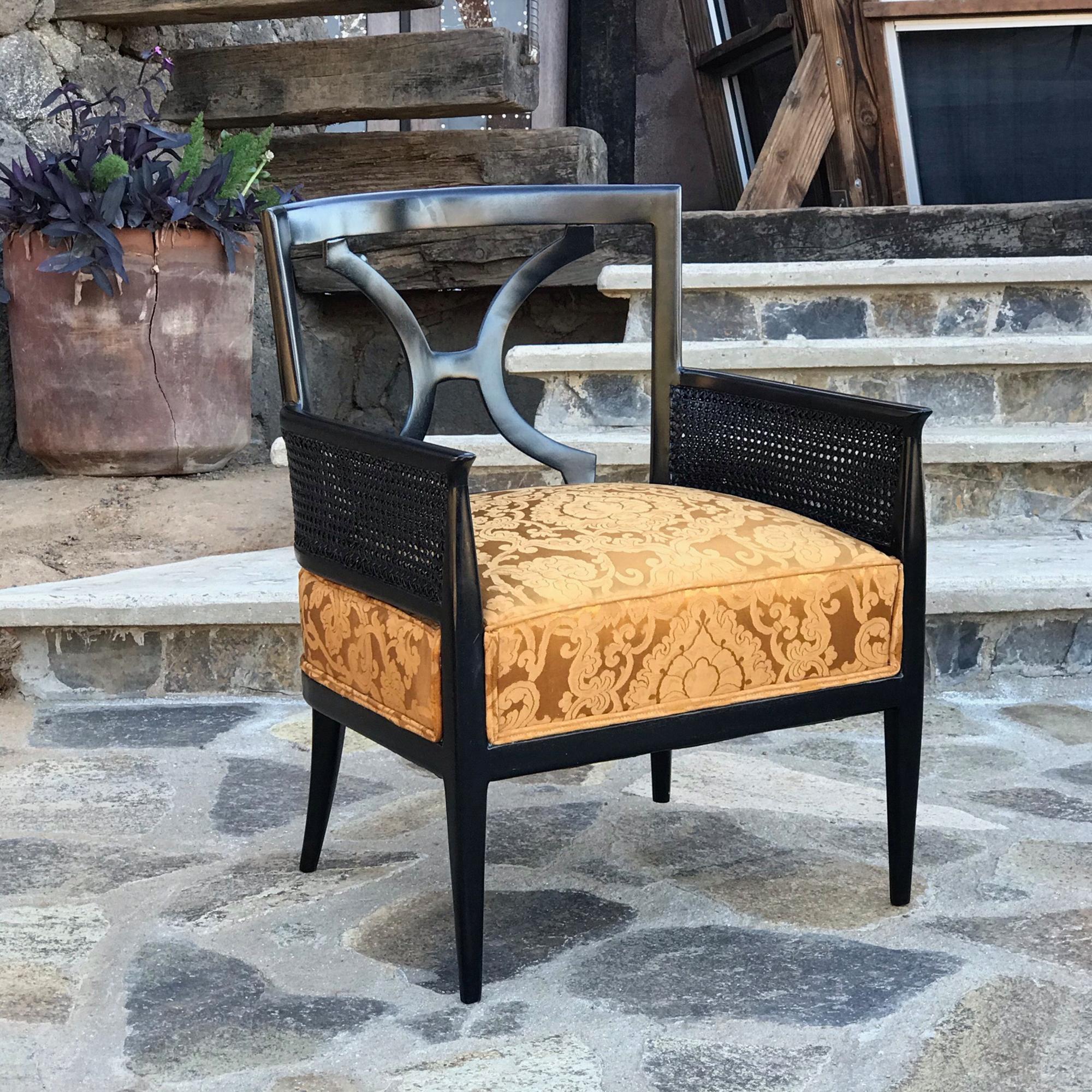 Mid-20th Century  Regency Elegance Studio Arm Chairs in Black Mahogany Cane & Gold Silk Brocade