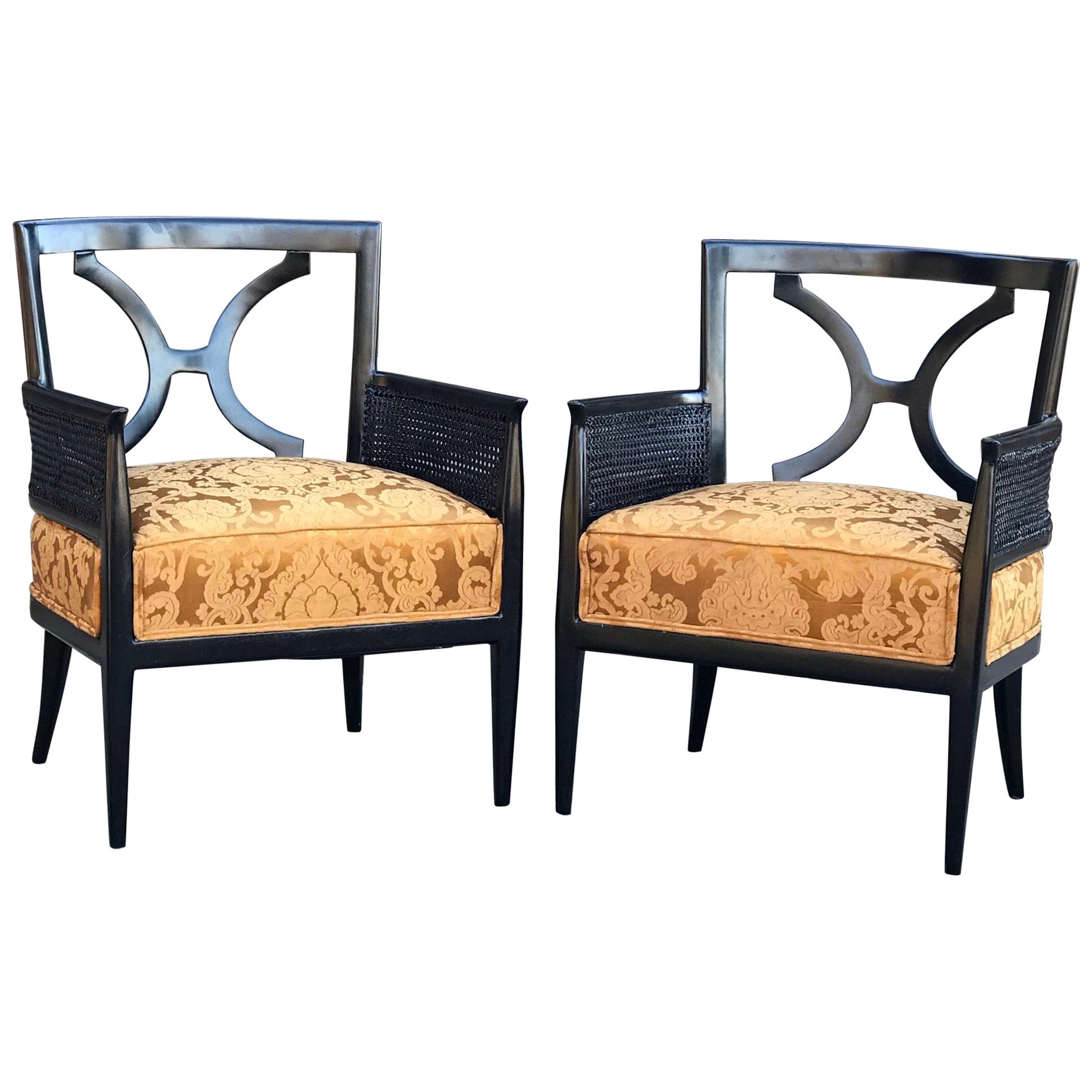  Regency Elegance Studio Arm Chairs in Black Mahogany Cane & Gold Silk Brocade