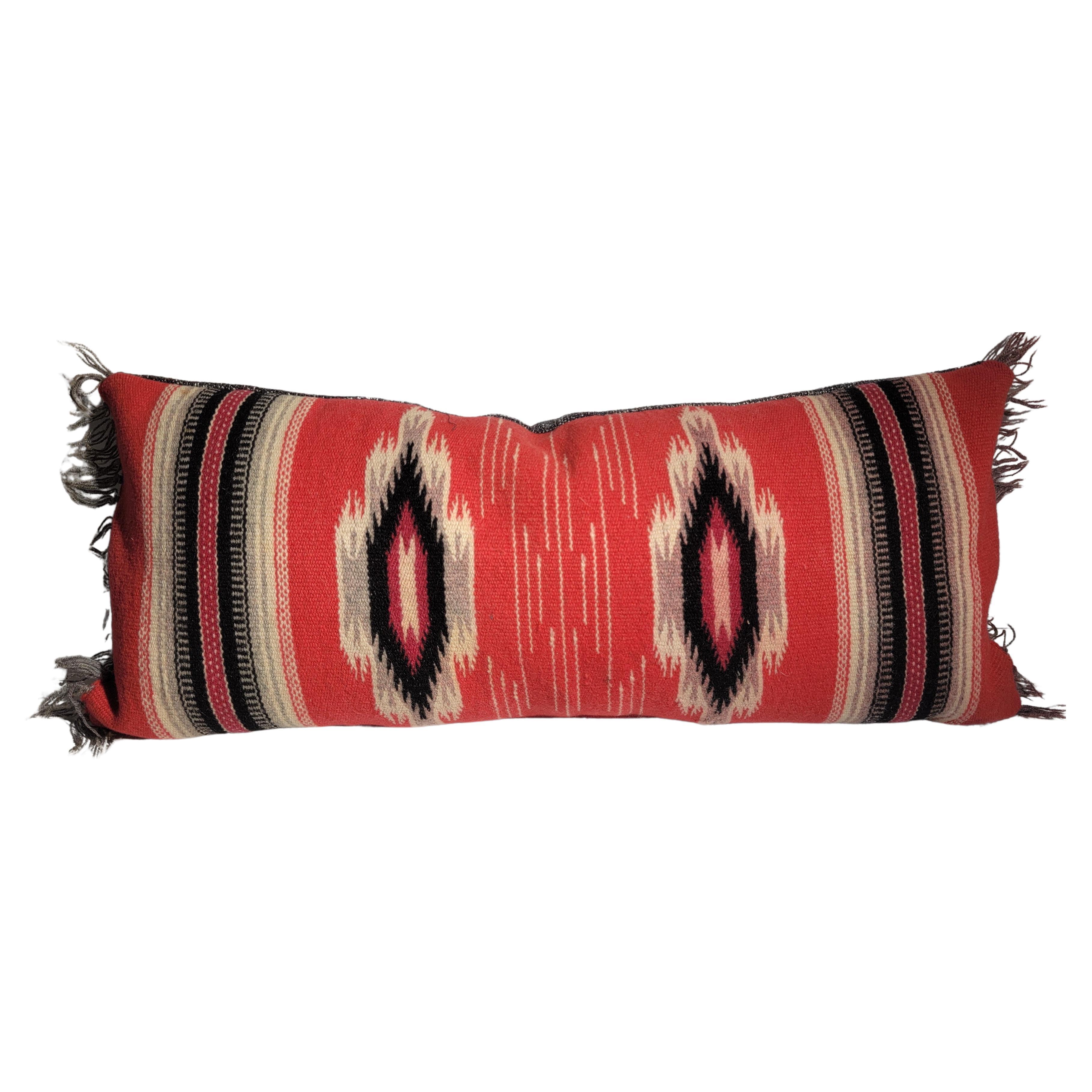 Mexican Indian Fringed Serape Bolster Pillow For Sale