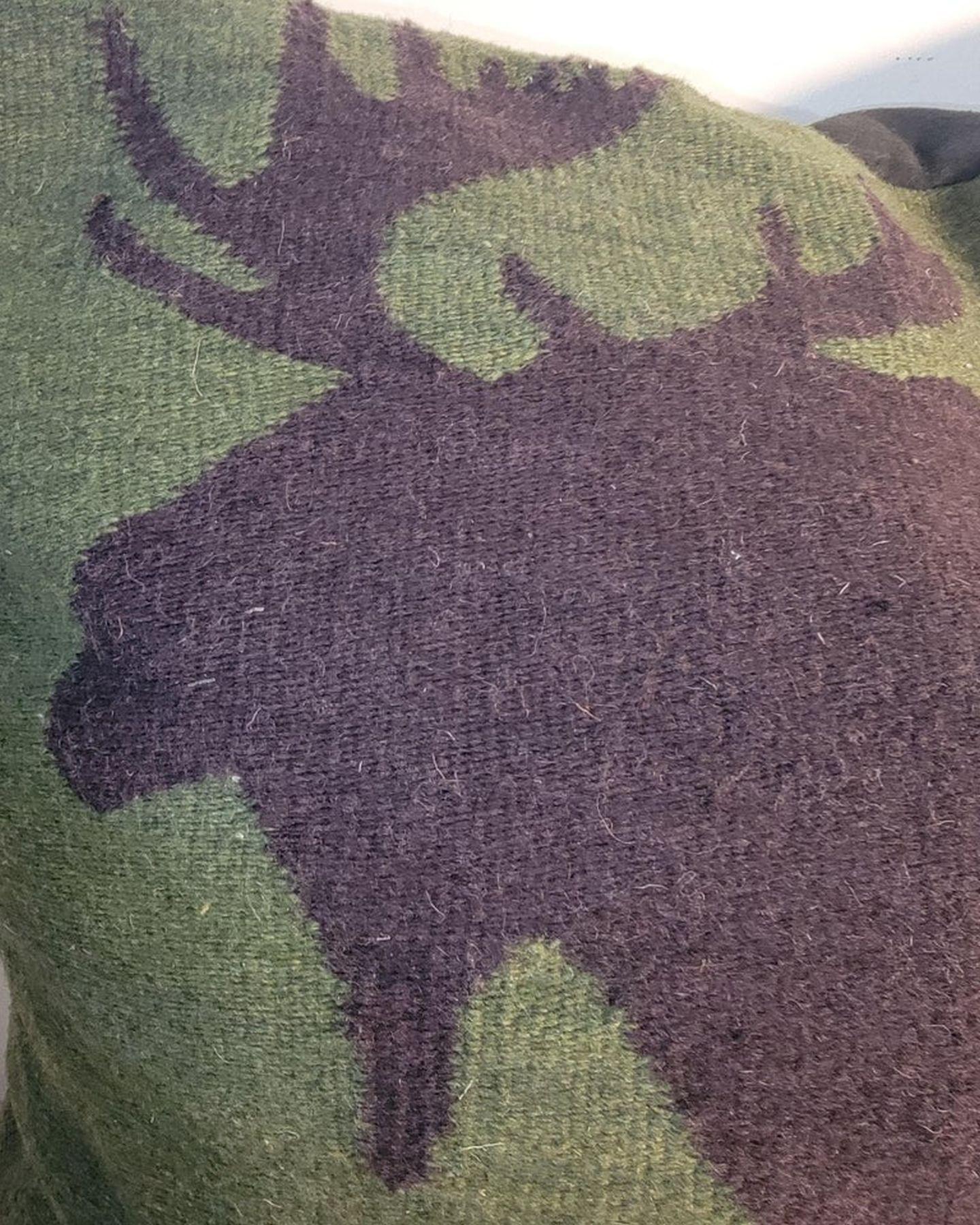 Questo cuscino di tessitura Moose ha un supporto in pelle scamosciata nera o in pelle. L'inserto è in piuma e piumetta.