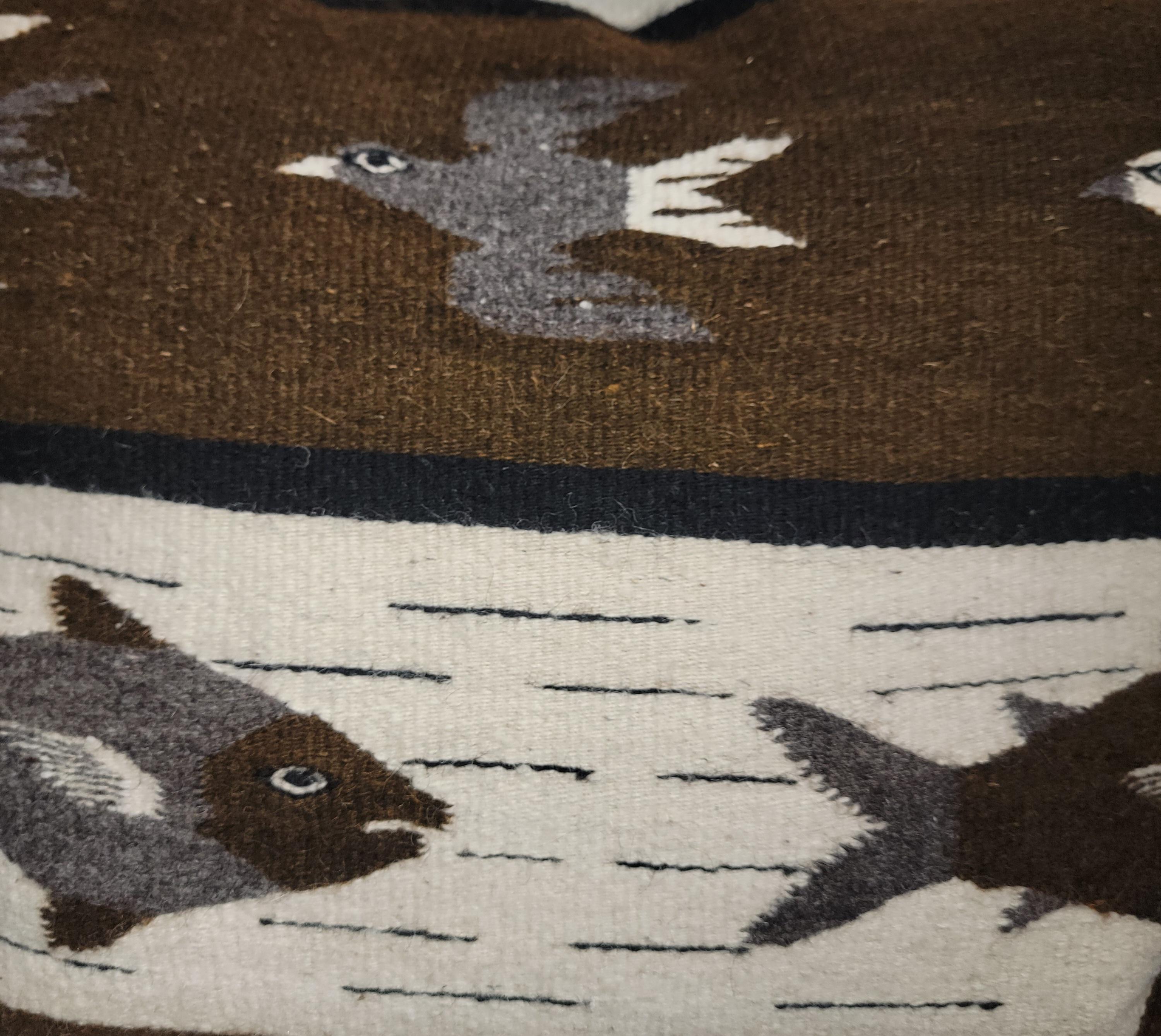 These amazing pictorial Mexican Indian weaving bolster pillows are in fine condition.The fish and birds in flight are most unusual.The inserts are down & feather fill.