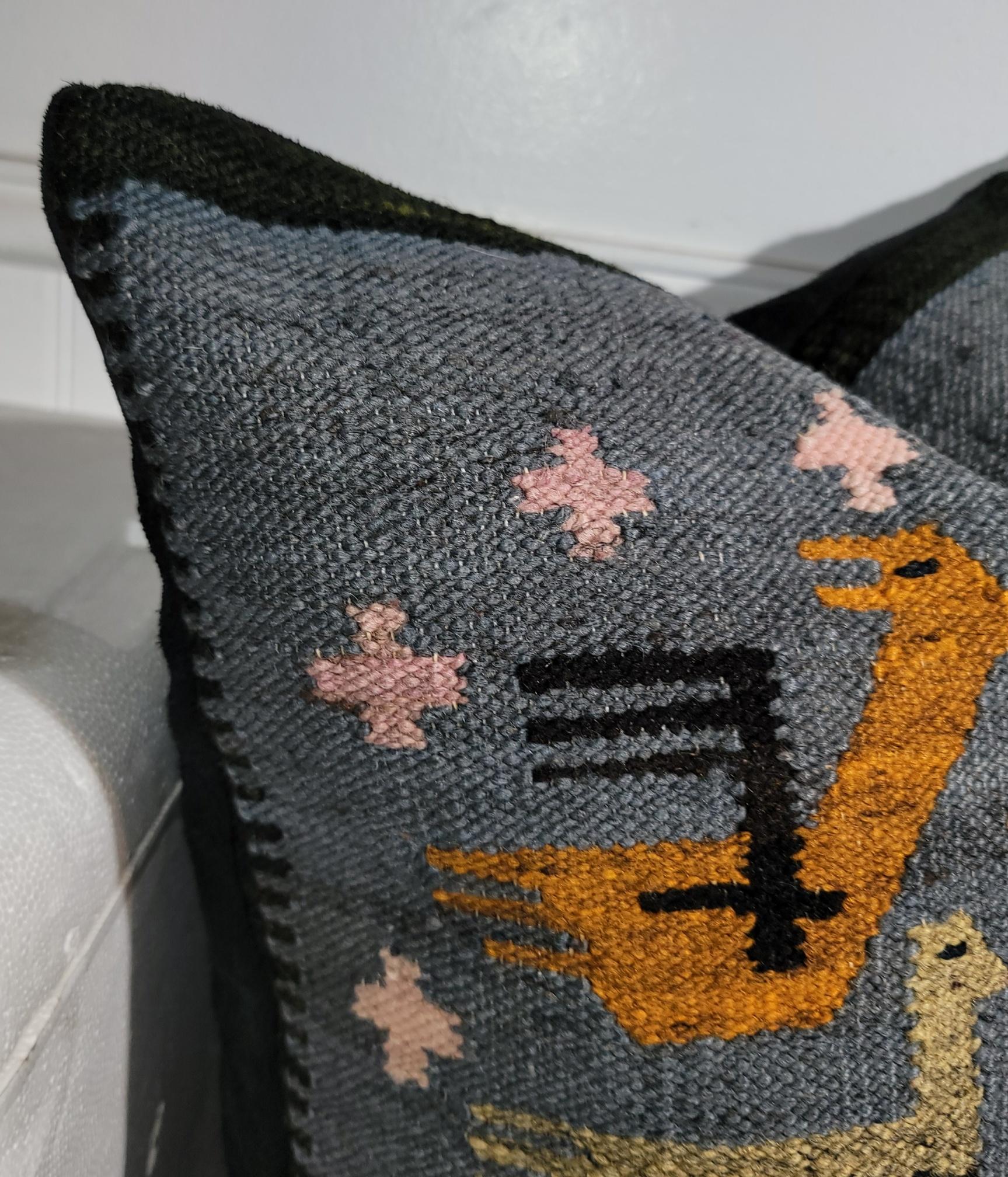 Mexican Indian weaving pillow with grey cotton linen backing.Pictorial birds wool pillow.Down & feather fill insert.