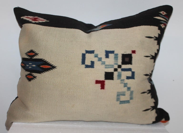 These fine Mexican Indian weaving pillows are in fine condition with black cotton linen backings. The inserts are down & feather fill.