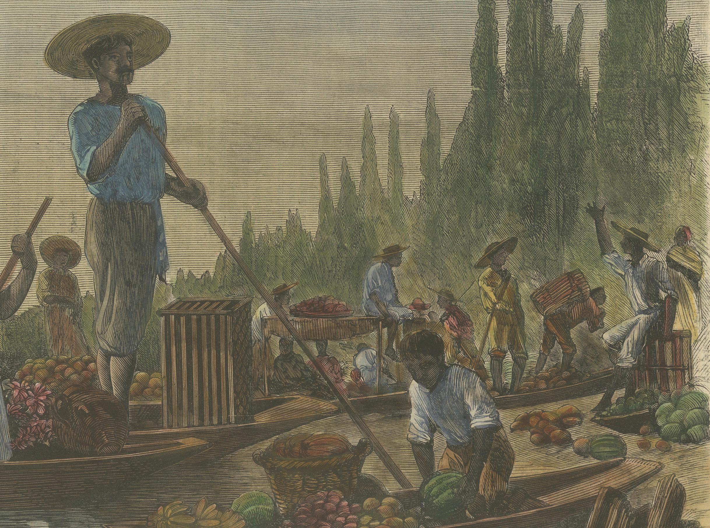 Mexikanische Indianer, die Blumen und Früchte zum Markt bringen, Chalco-See, 1866  

Dieser lebhafte, handkolorierte Holzstich, der am 10. November 1866 in Harper's Weekly veröffentlicht wurde, zeigt das geschäftige Treiben der einheimischen Händler