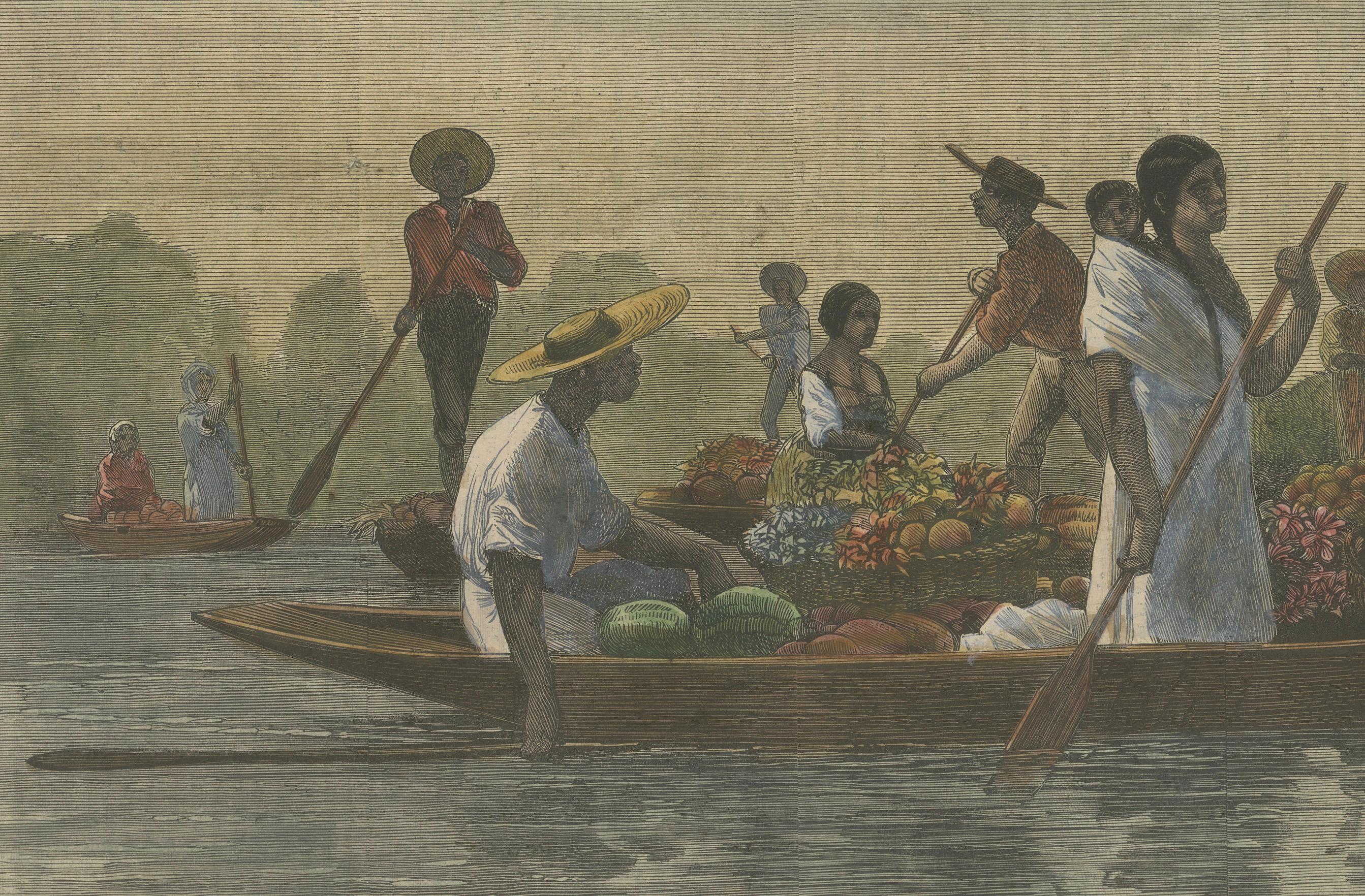 Mexikanische Indianer, die Blumen und Früchte zum Markt bringen, Chalco-See, 1866 im Zustand „Gut“ im Angebot in Langweer, NL