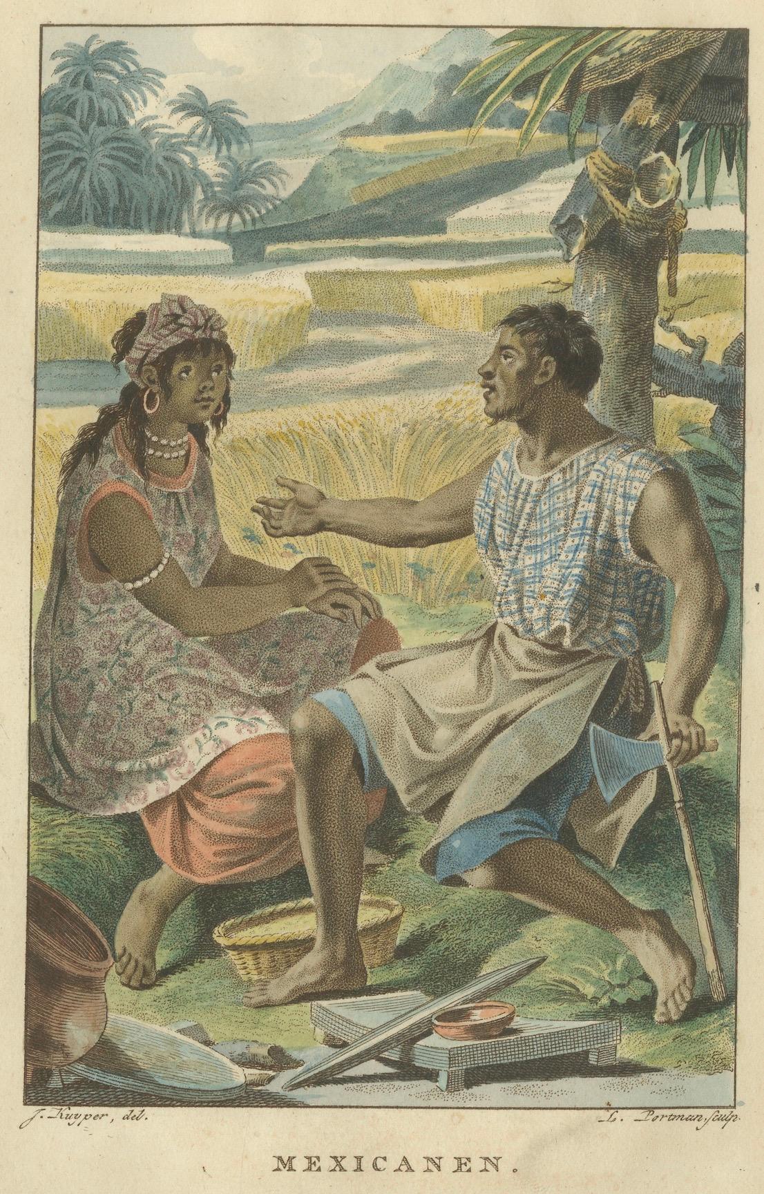 Mexikanische Ureinwohner - Antiker handkolorierter ethnografischer Druck um 1805 (Niederländisch) im Angebot