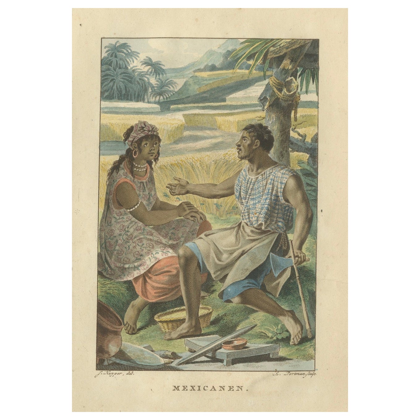 Mexikanische Ureinwohner - Antiker handkolorierter ethnografischer Druck um 1805