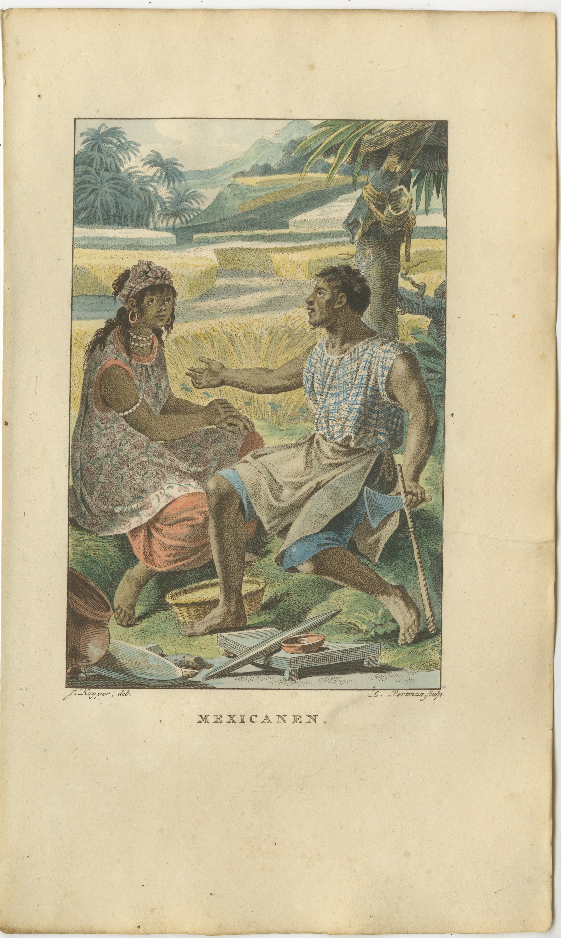 Mexikanische Ureinwohner - Antiker handkolorierter ethnografischer Druck um 1805

Dieser reichhaltig handkolorierte ethnografische Druck mit dem Titel 