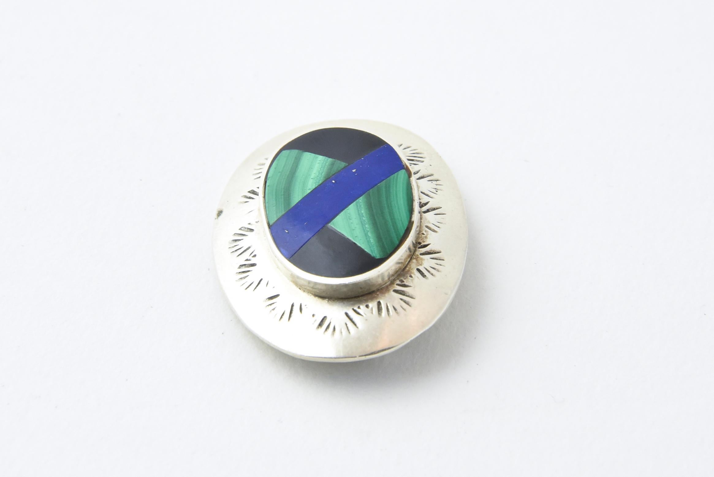 Women's or Men's Mexican Inlaid Lapis Malachite and Onyx Sterling Silver Brooch For Sale