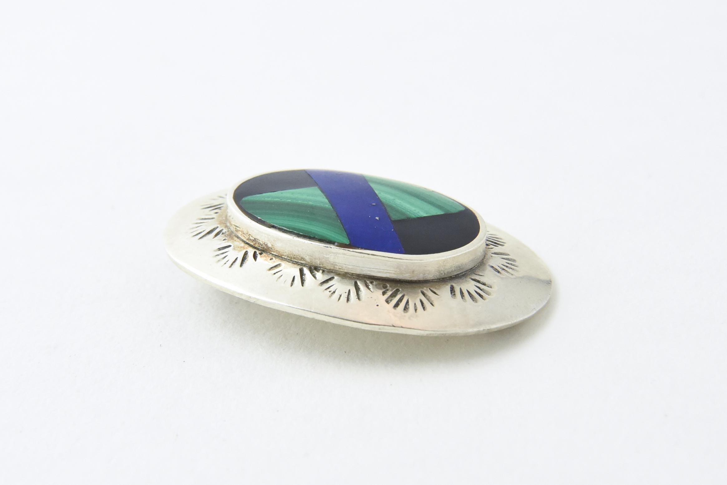 Mexican Inlaid Lapis Malachite and Onyx Sterling Silver Brooch For Sale 1