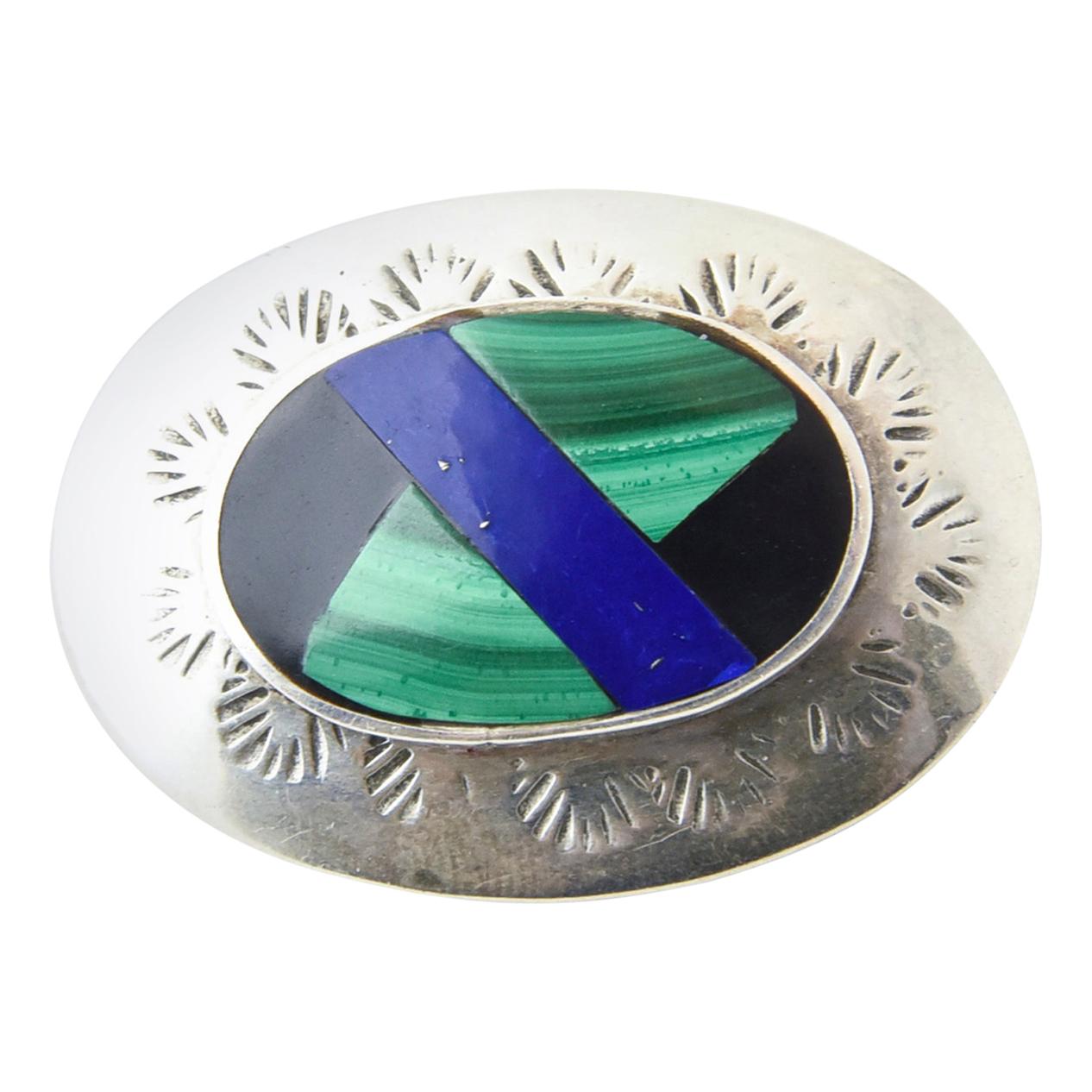 Mexican Inlaid Lapis Malachite and Onyx Sterling Silver Brooch For Sale