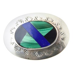 Retro Mexican Inlaid Lapis Malachite and Onyx Sterling Silver Brooch