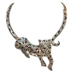 Mexican Jaguar Necklace, Silver And Black, Marked 925