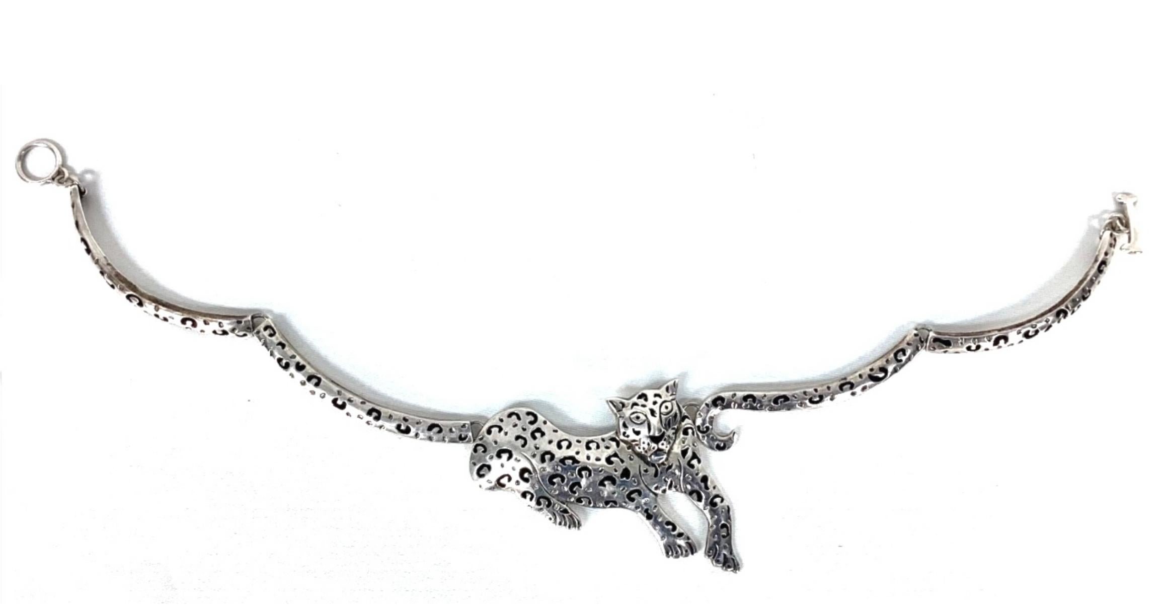 Collar de jaguar mexicano, plata y negro, marcado 925 en Bueno estado para la venta en Bradenton, FL