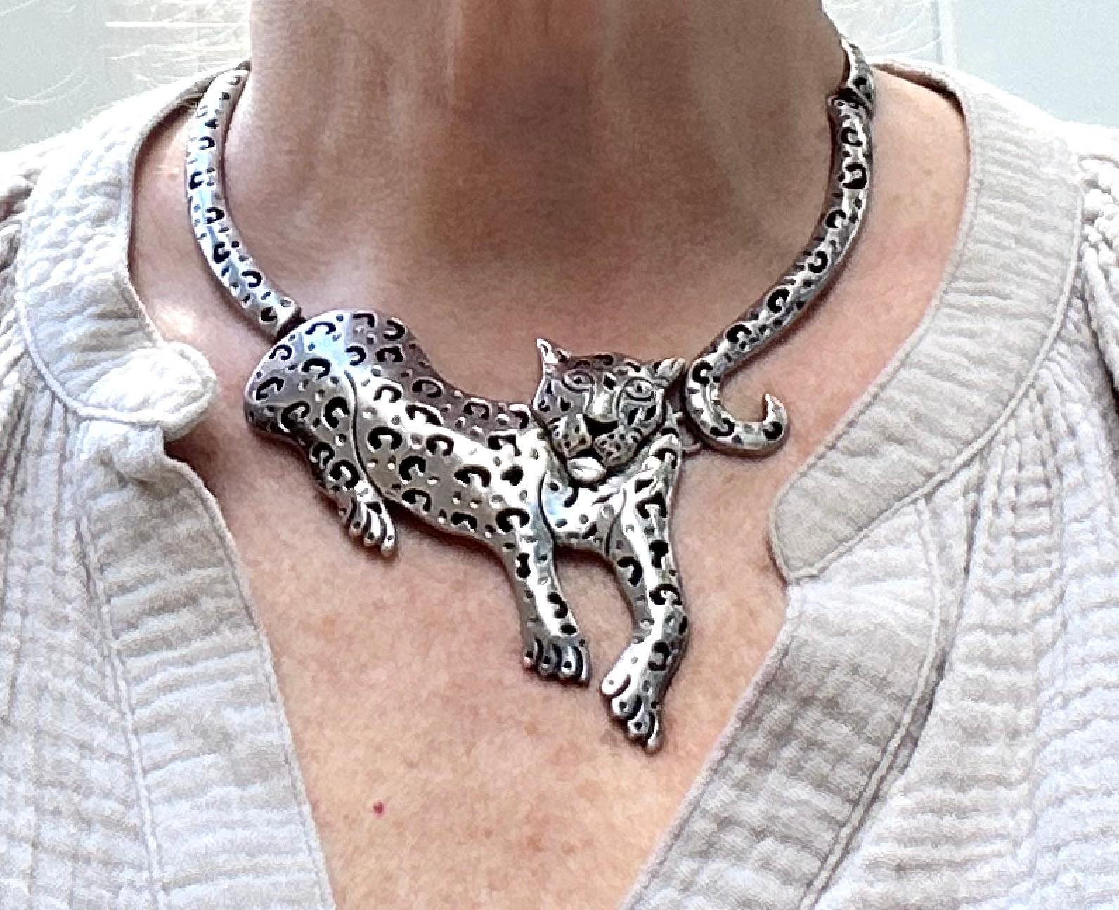 Collar de jaguar mexicano, plata y negro, marcado 925 en venta 3