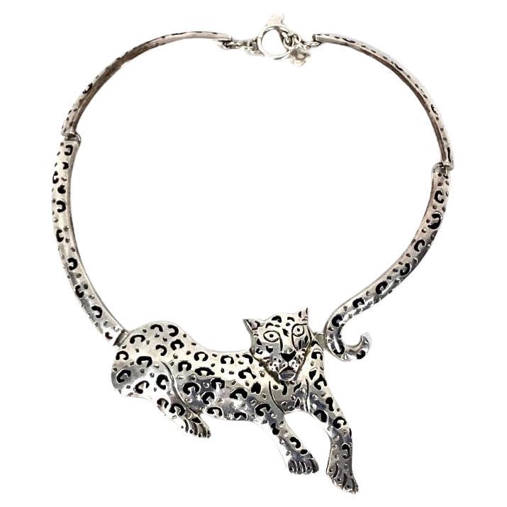 Collar de jaguar mexicano, plata y negro, marcado 925 en venta
