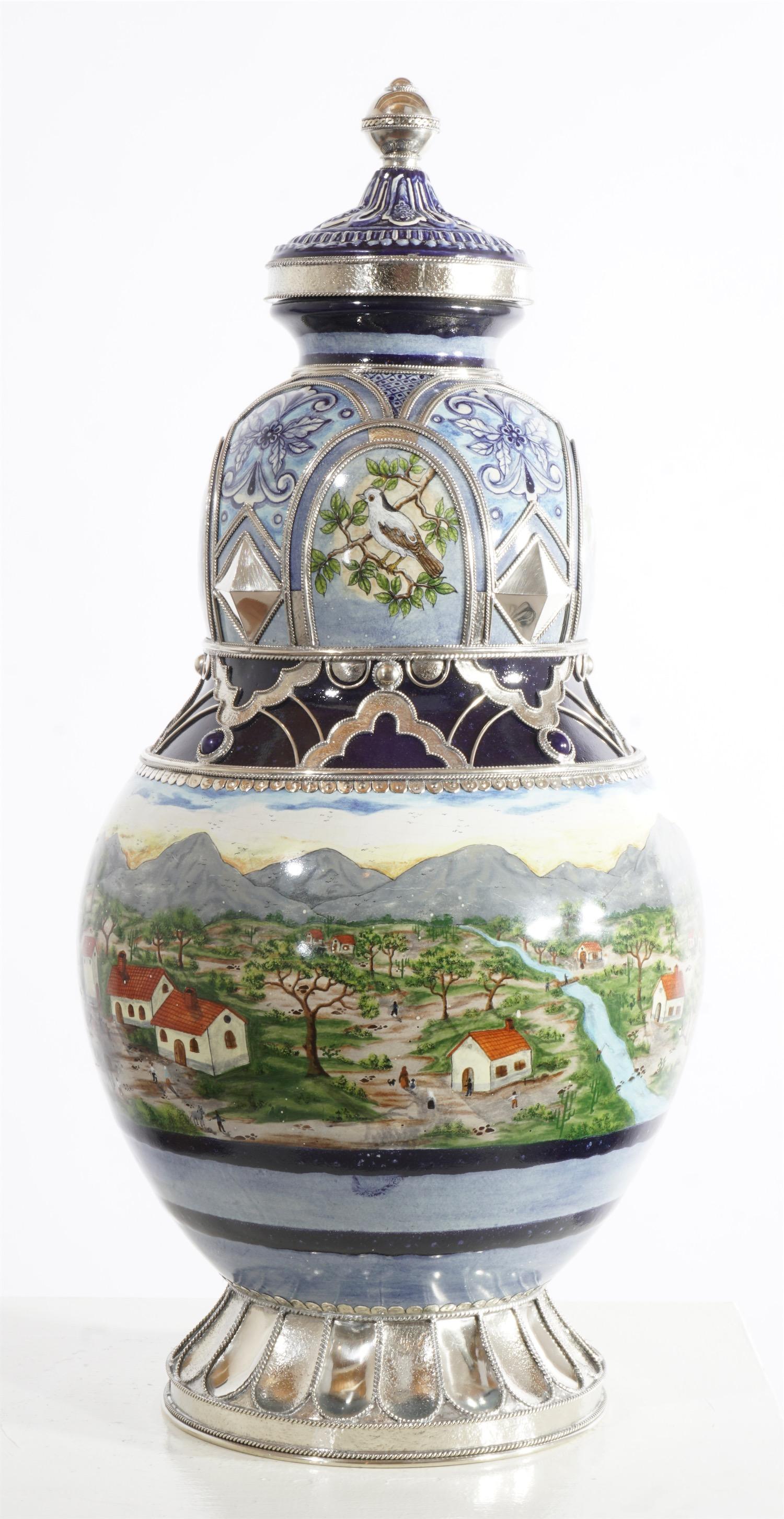 Other Mexican Landscape Jar Ceramic and White Metal ‘Alpaca’, One of a Kind